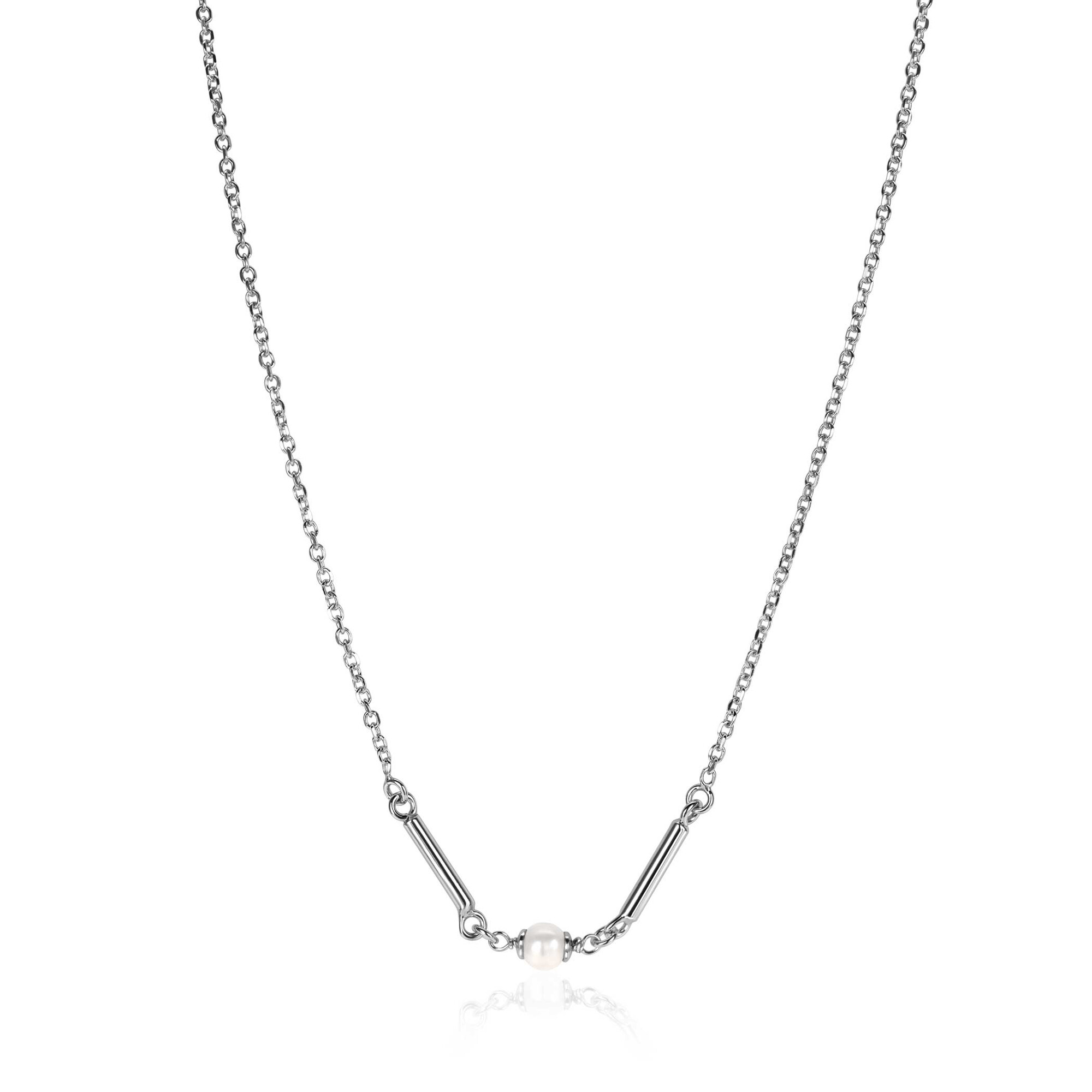 ZINZI silver link necklace with two shiny bars and a white freshwater pearl, 42-45cm, ZIC-BF108