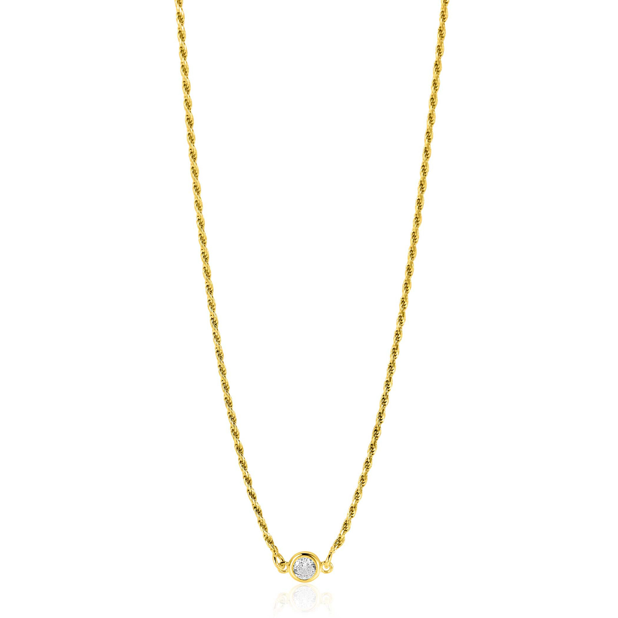 ZINZI Gold Plated Sterling Silver Rope Chain Necklace Set with a Round White Zirconia 40-45cm ZIC2461Y