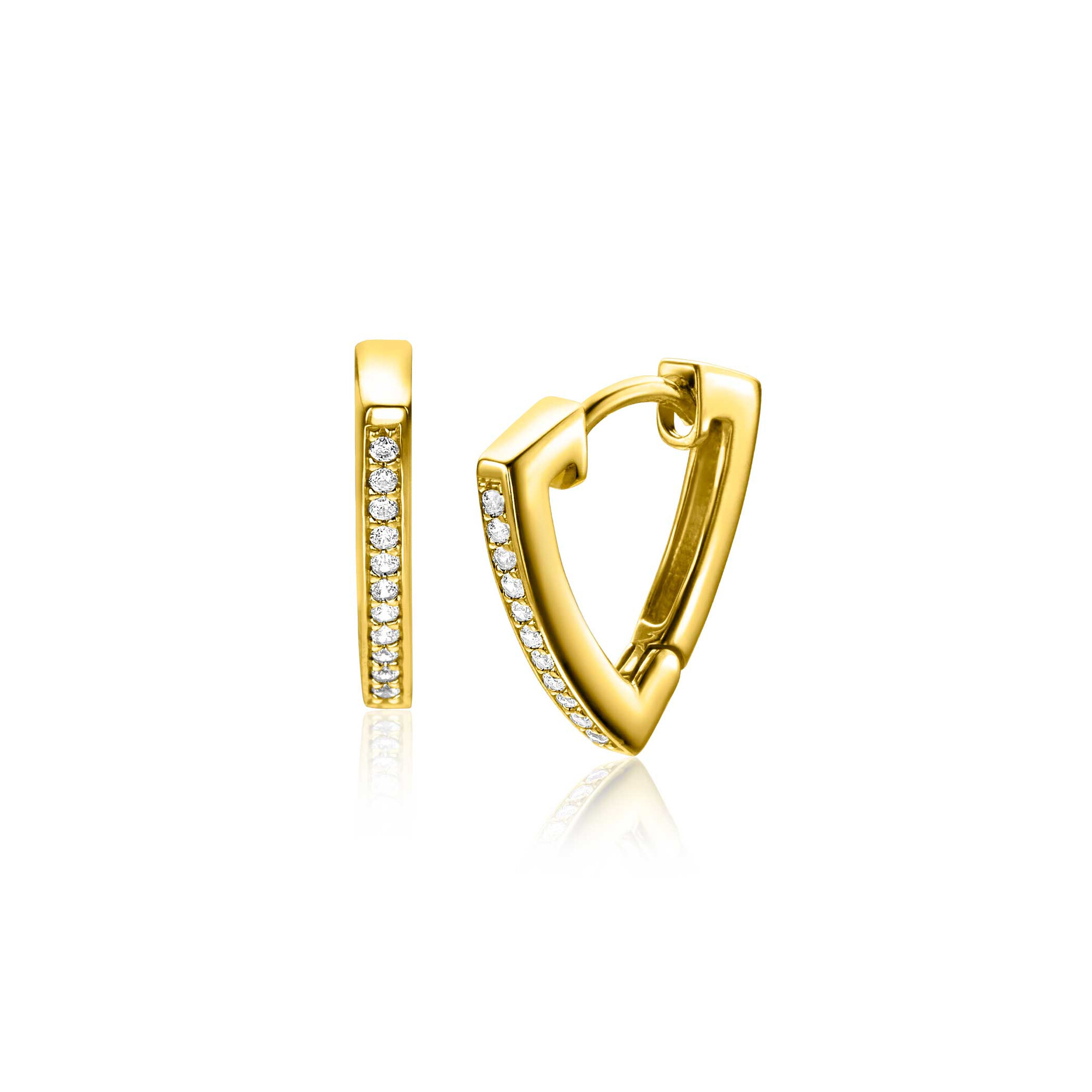 14mm ZINZI gold plated silver hoops in triangular shape set with white zirconia ZIO2607