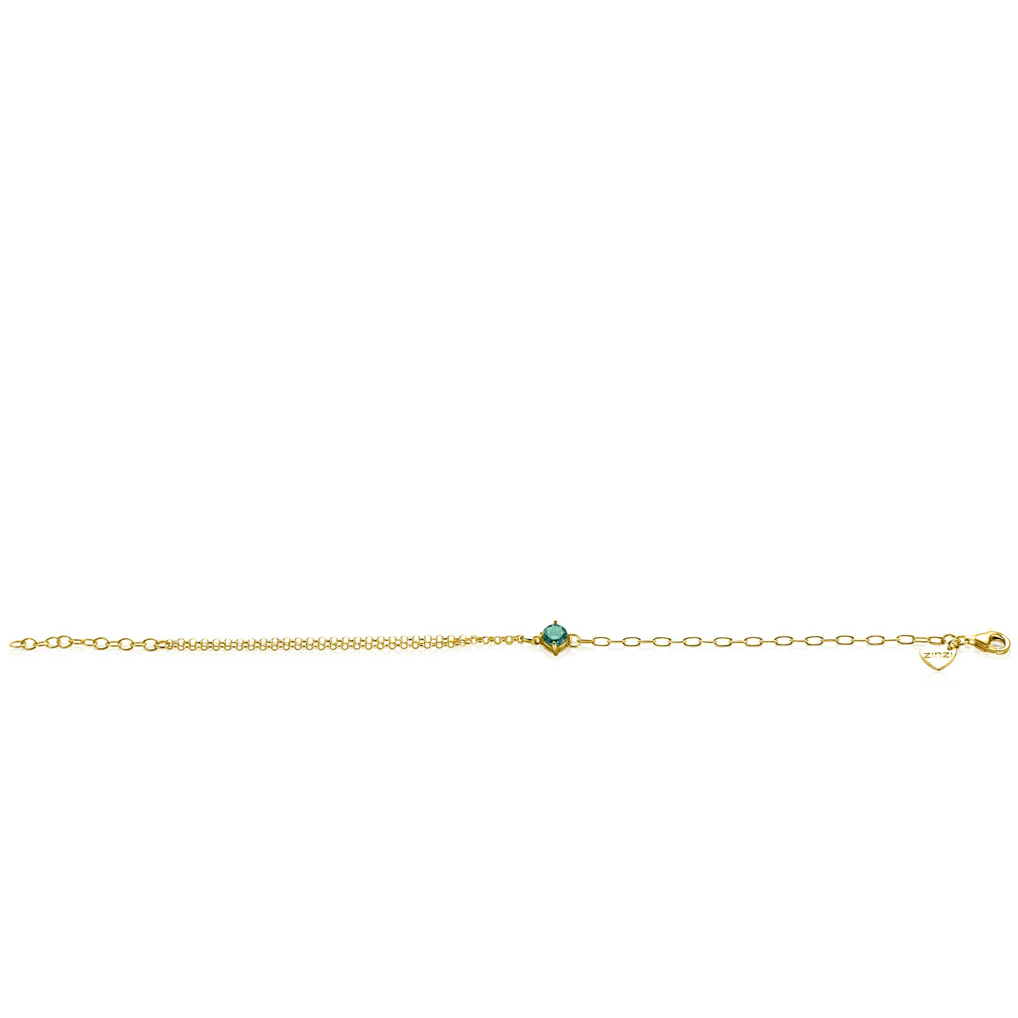 ZINZI gold plated silver multi-look bracelet with oval and rolo links, featuring a round green gemstone in a prong setting 17-19cm ZIA2660G