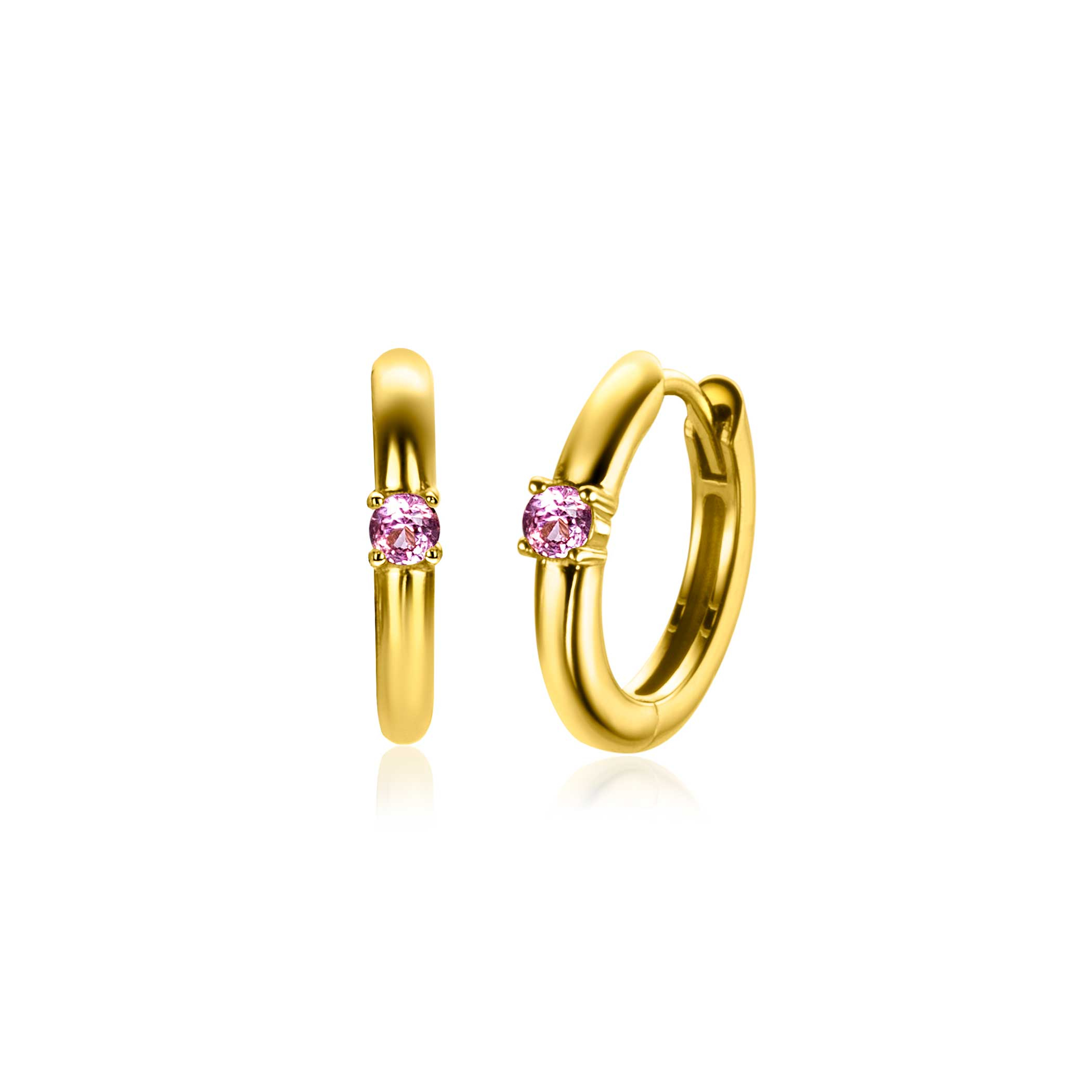 OCTOBER Hoop Earrings 13mm Gold Plated with Birthstone Pink Rose Quartz Zirconia