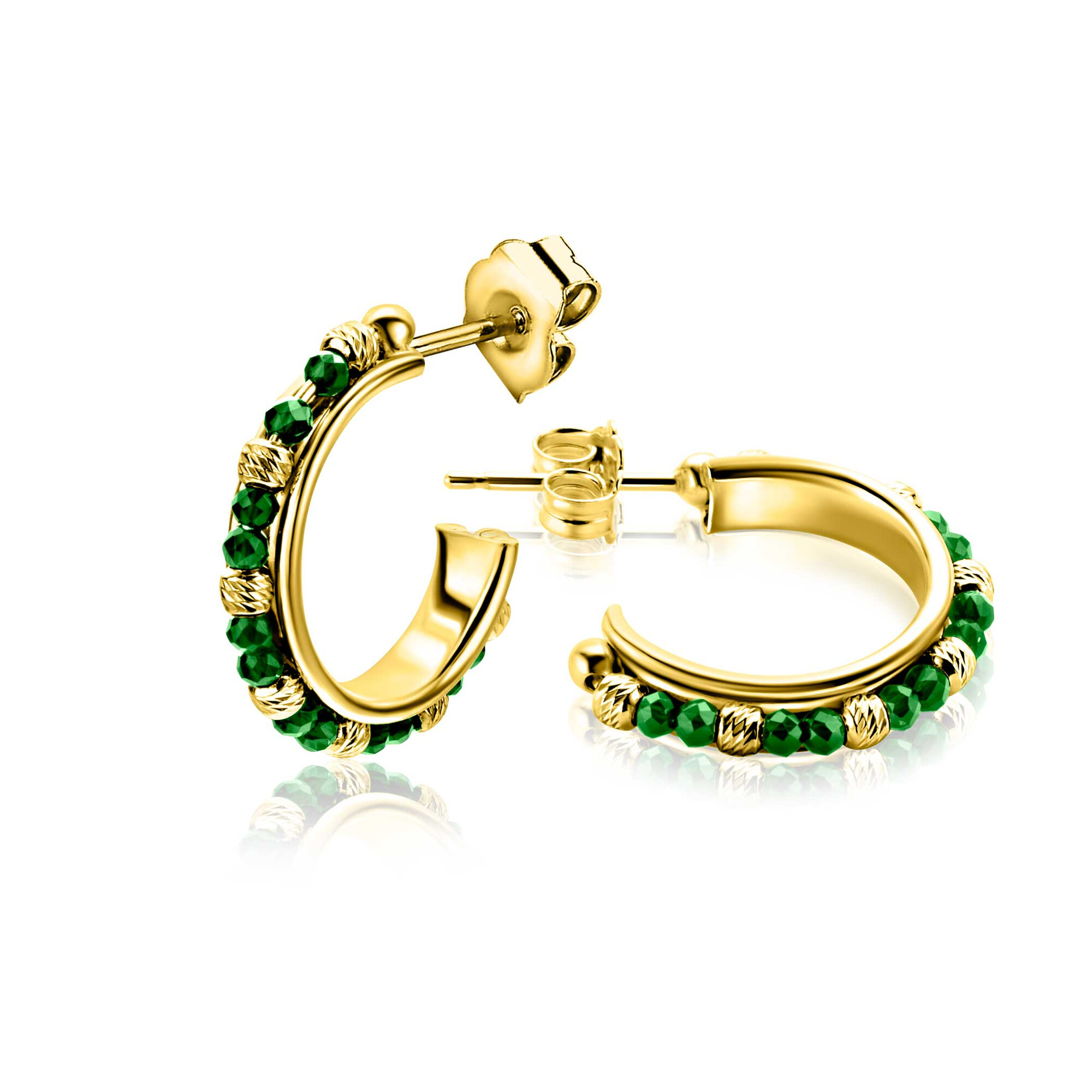 20mm ZINZI gold-plated silver stud earrings with round green beads and detailed spheres, ZIO-BF129