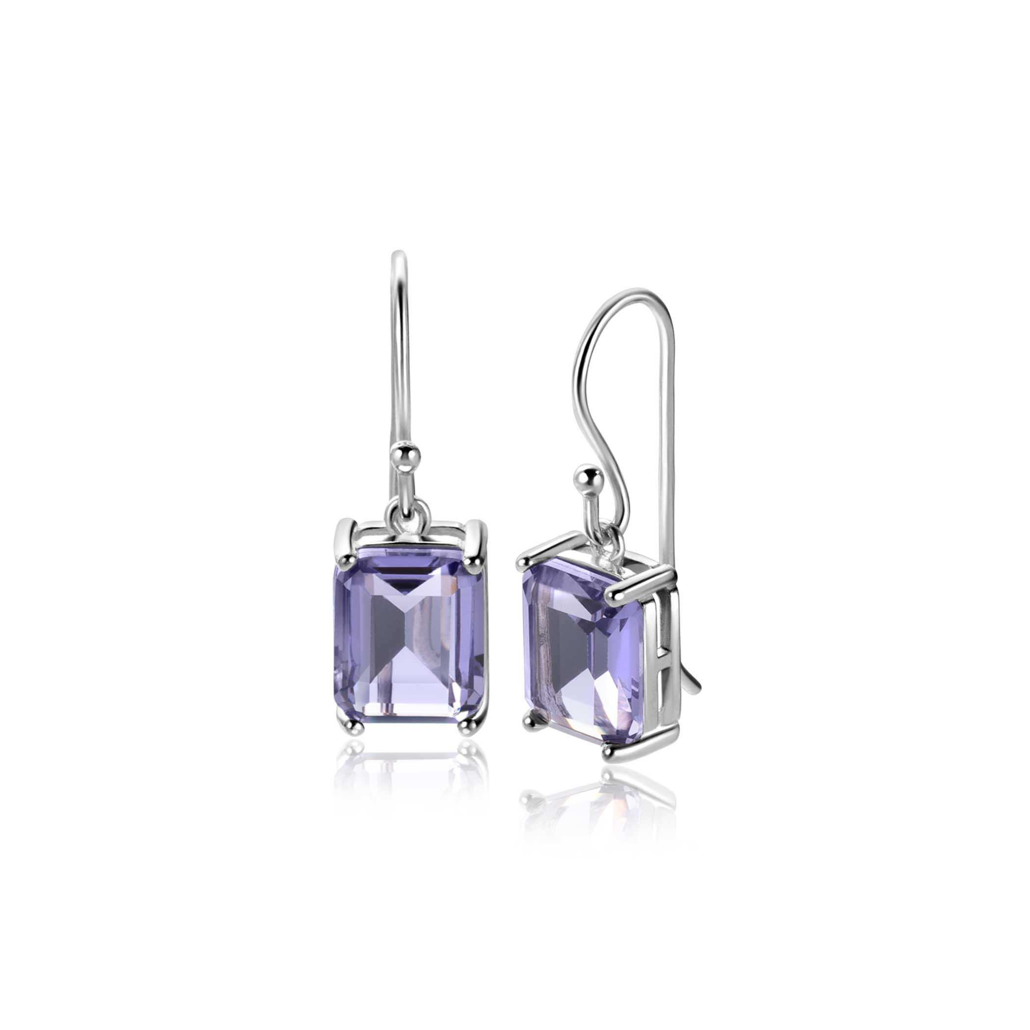 25mm ZINZI silver drop earrings with light purple gemstone in a four-prong setting, ZIO-BF97
