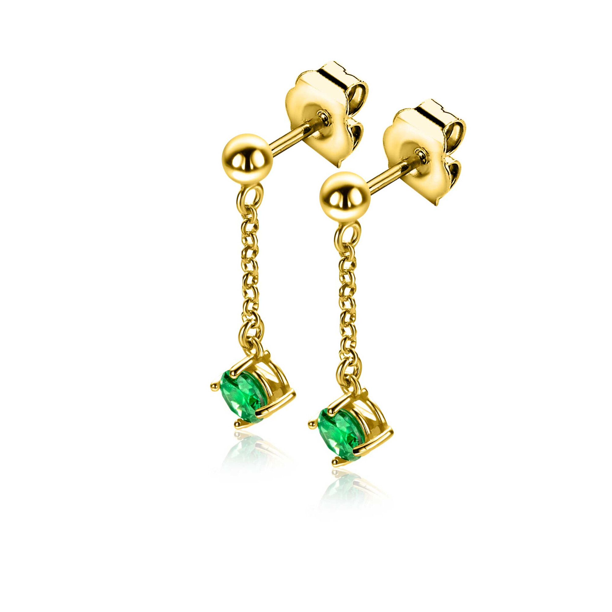 26mm ZINZI gold plated silver stud earrings with chain and a dangling round green gemstone ZIO2660G