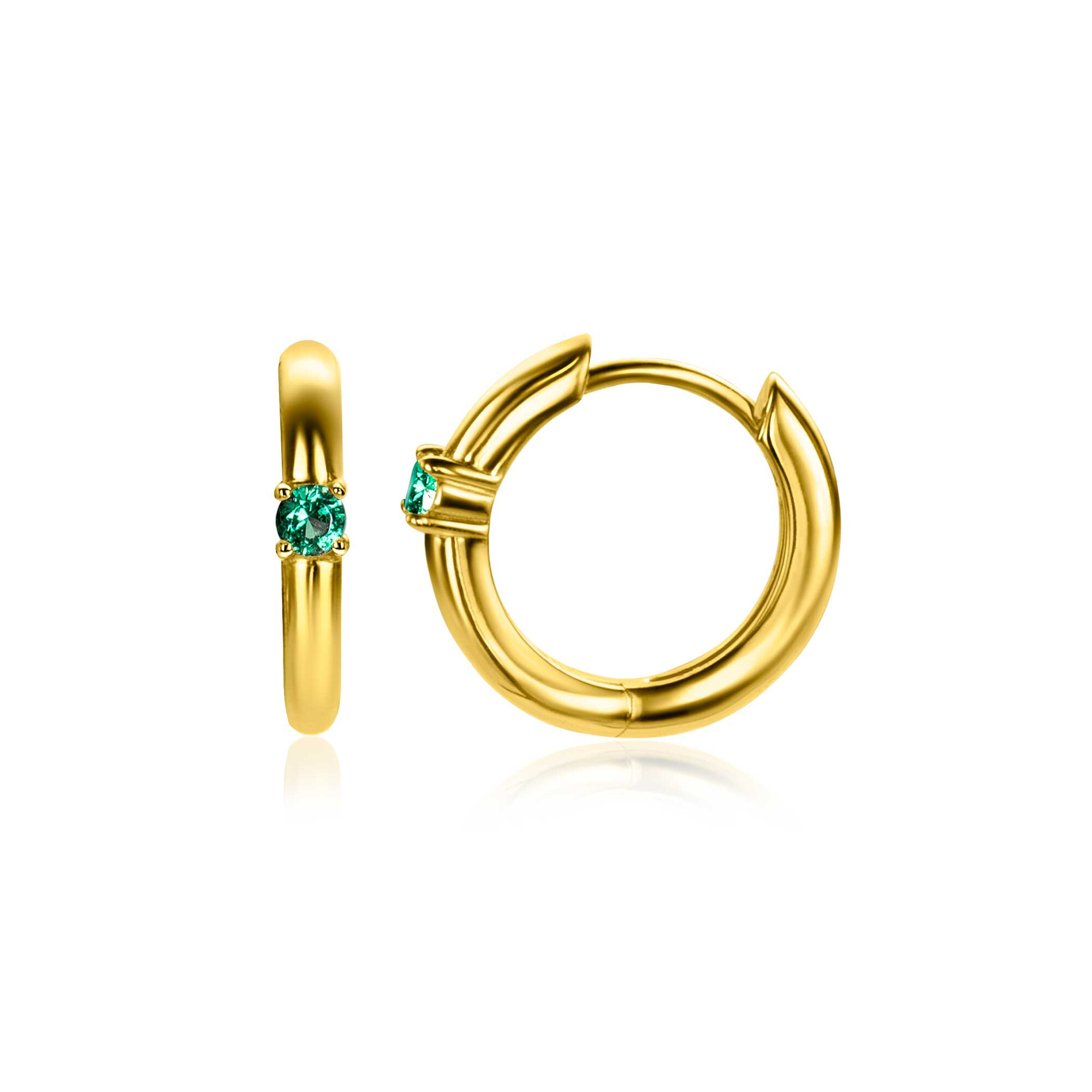 May Hoop Earrings 13mm Gold Plated with Birthstone Green Emerald Zirconia