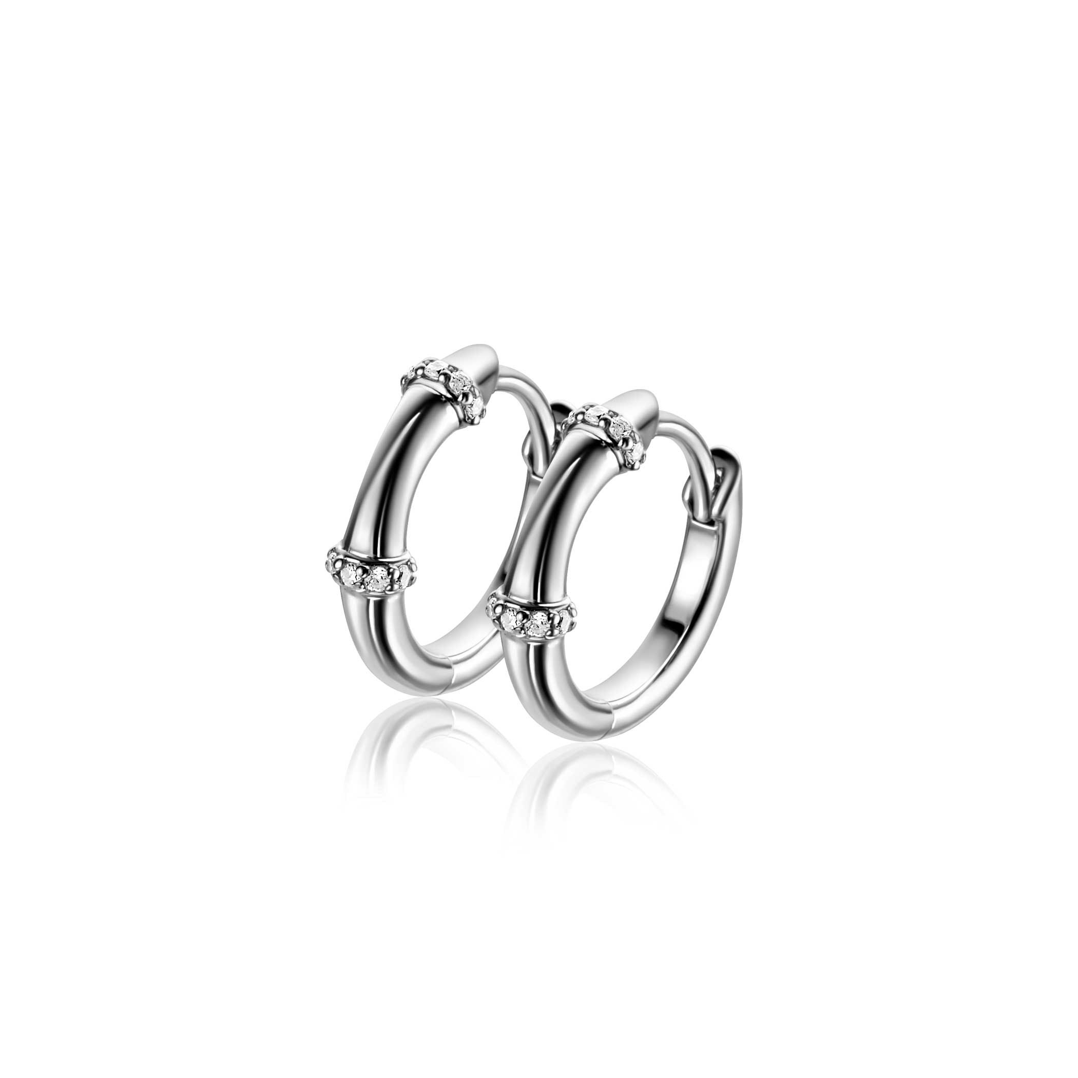 15mm ZINZI silver hoop earrings with bamboo pattern, set with white cubic zirconias and luxury clasp ZIO2687