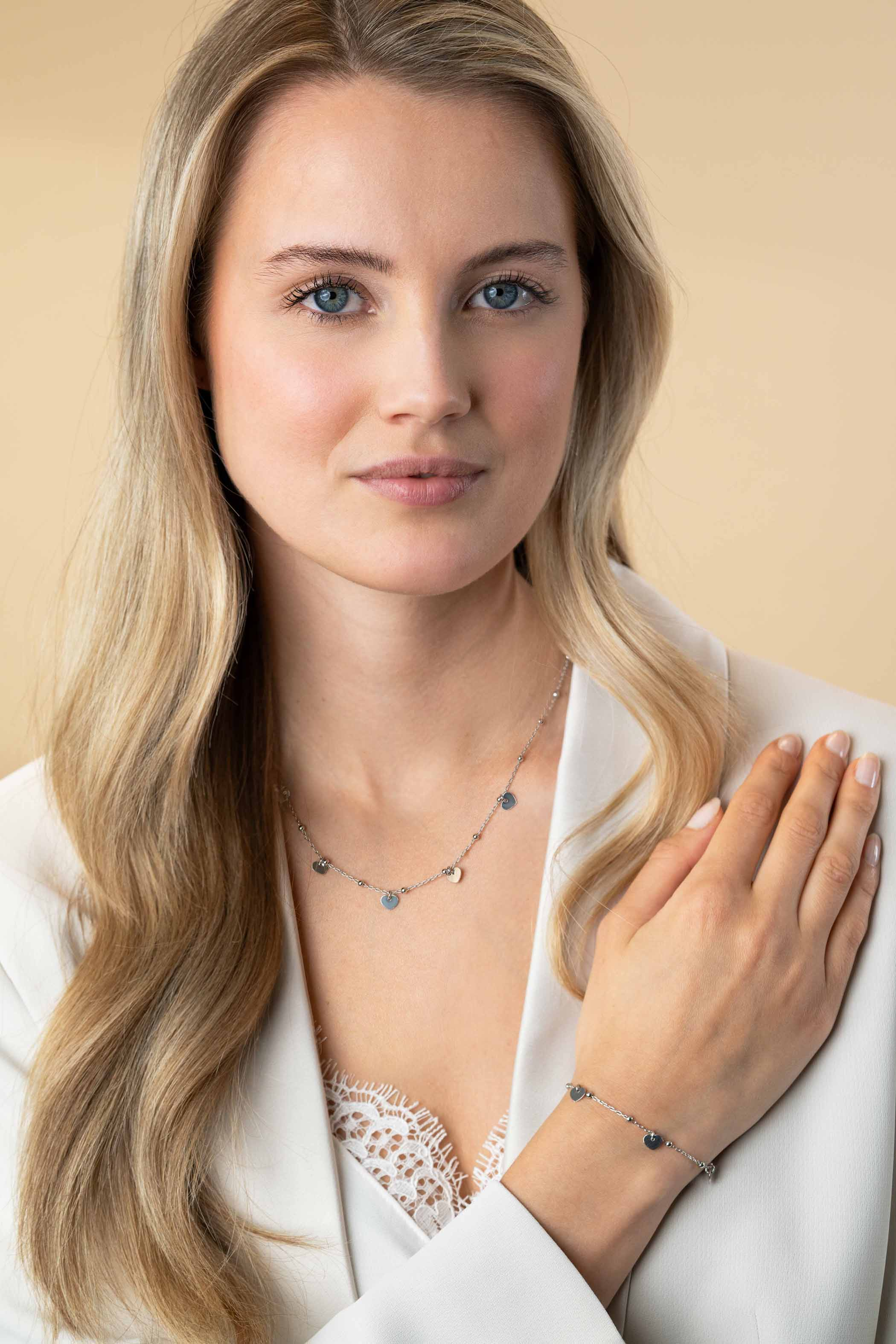 ZINZI Sterling Silver Chain Necklace with Beads and 5 Shiny Heart Charms 42-45cm ZIC2531