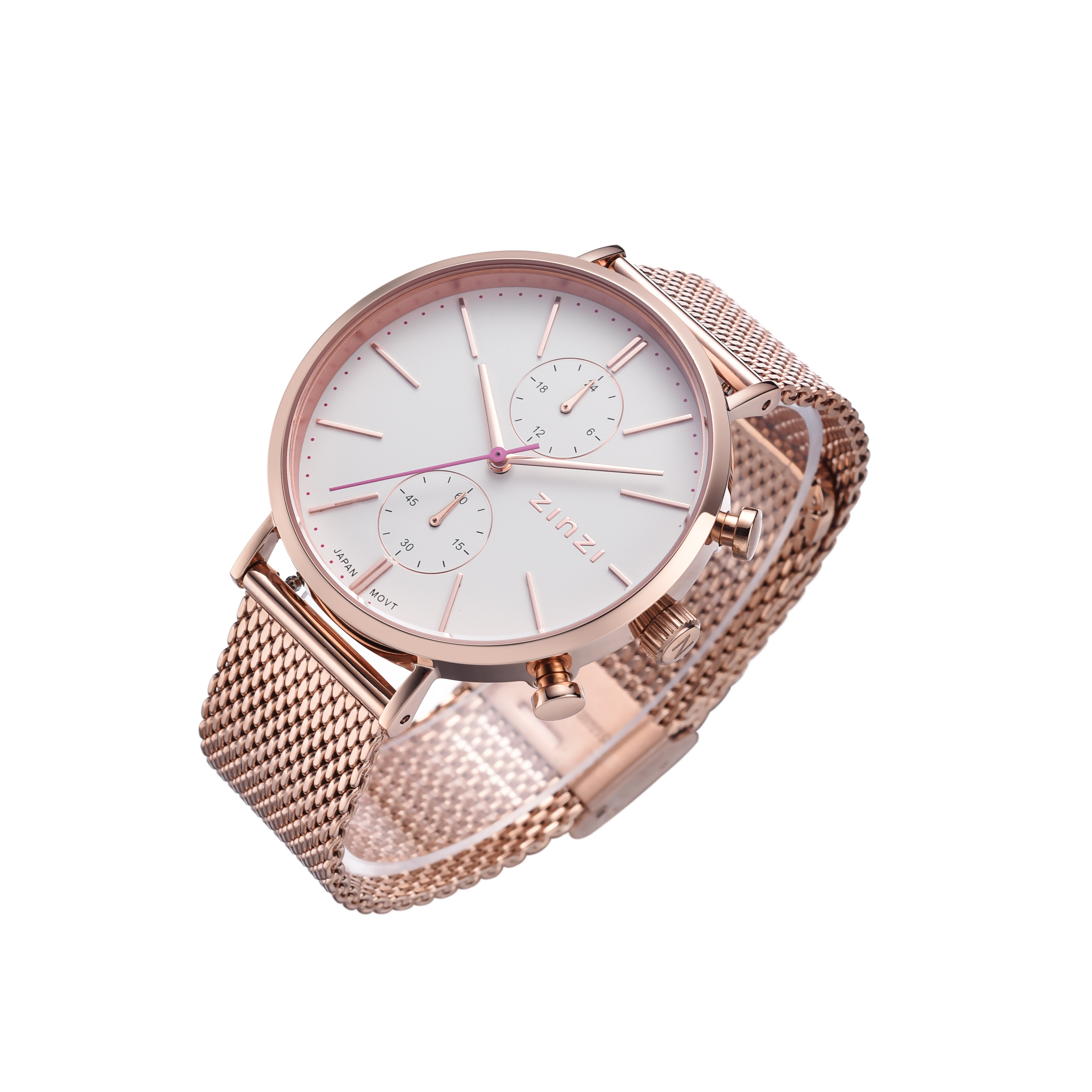 ZINZI Traveller Watch 39mm White Dial Rose Gold Colored Stainless Steel Case and Mesh Strap with dual time ZIW708M
