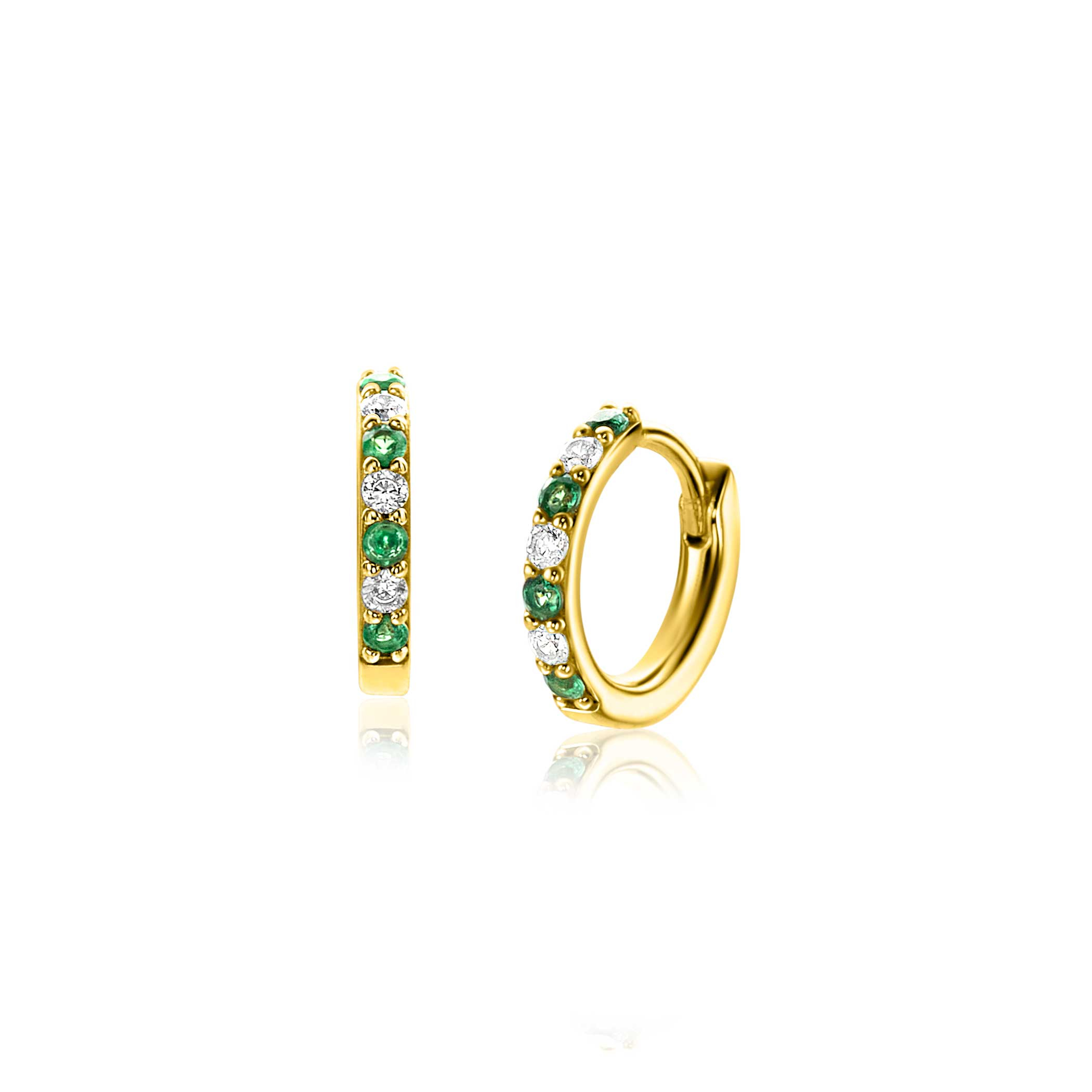 12mm ZINZI Gold Plated Sterling Silver Hoop Earrings Round White Zirconias and Green Color Stones width tube 2mm ZIO2557