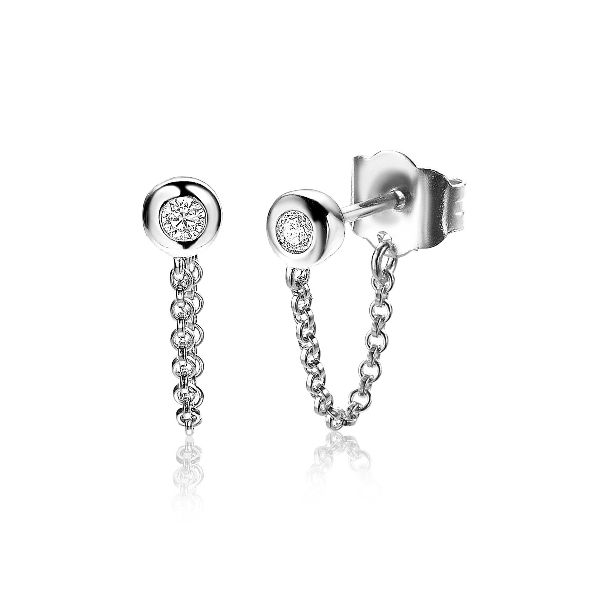 ZINZI Sterling Silver Stud Earrings Round White Zirconia with Chain ZIO1773