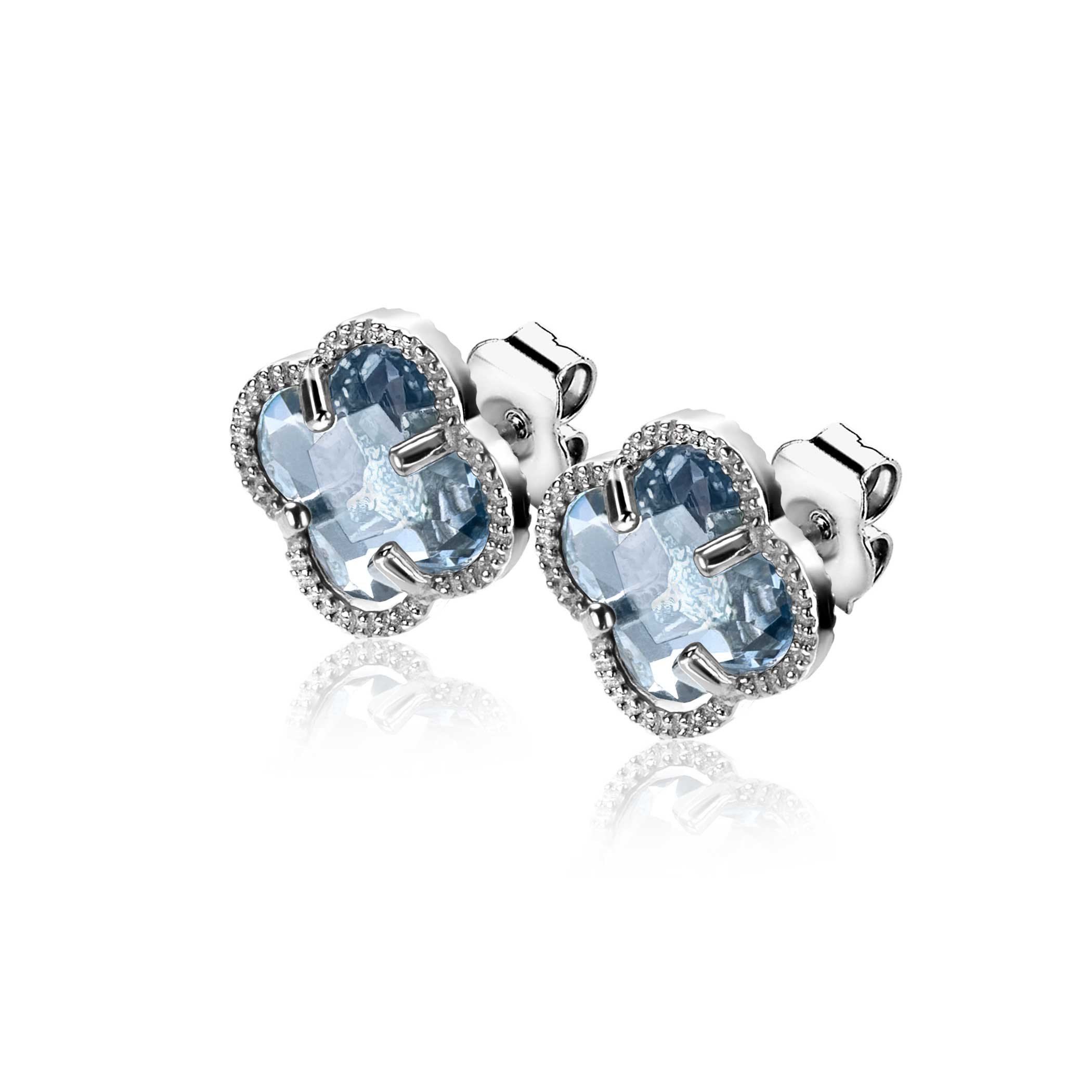 9mm ZINZI silver stud earrings in clover shape with light blue cubic zirconia ZIO2663B