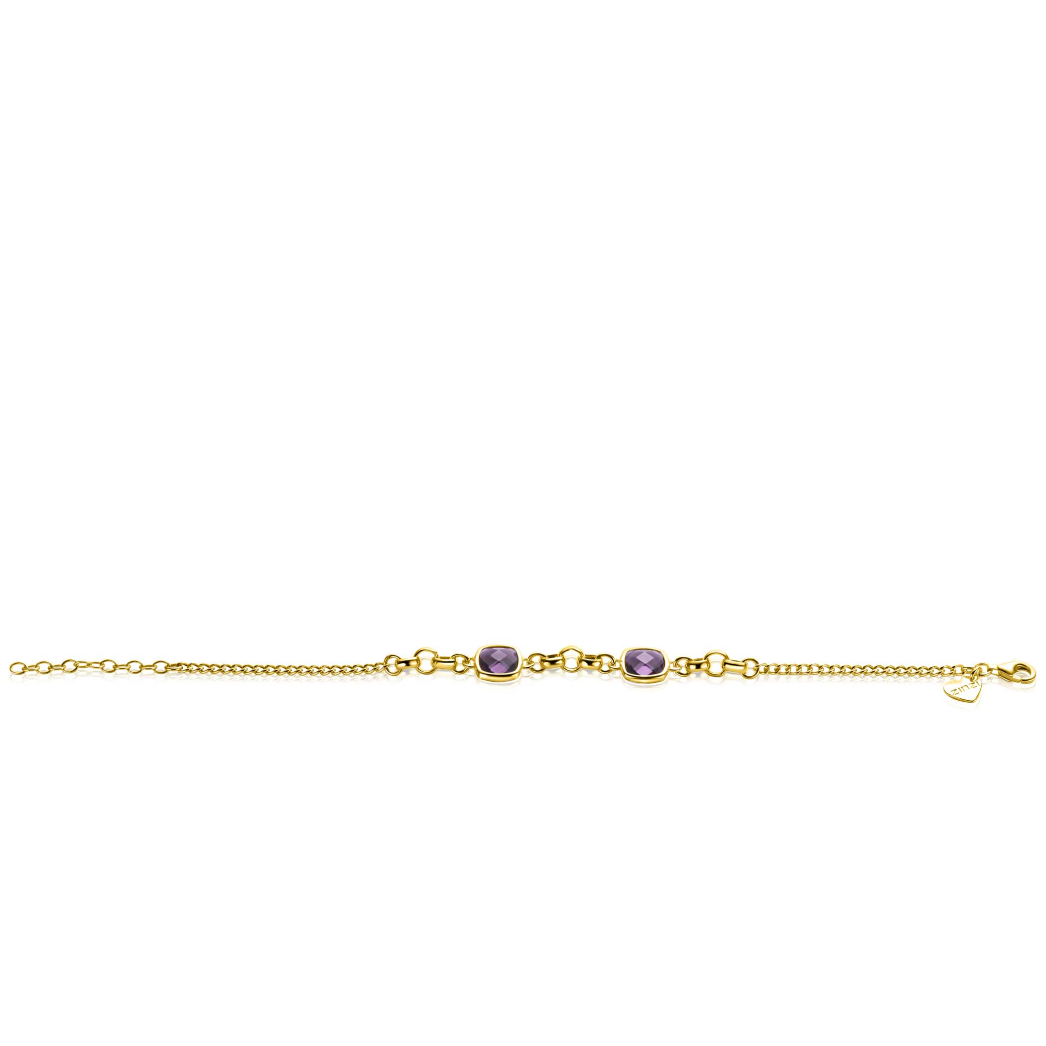 ZINZI gold-plated silver gourmet link bracelet with two square purple gemstones, 16-19cm, ZIA-BF122