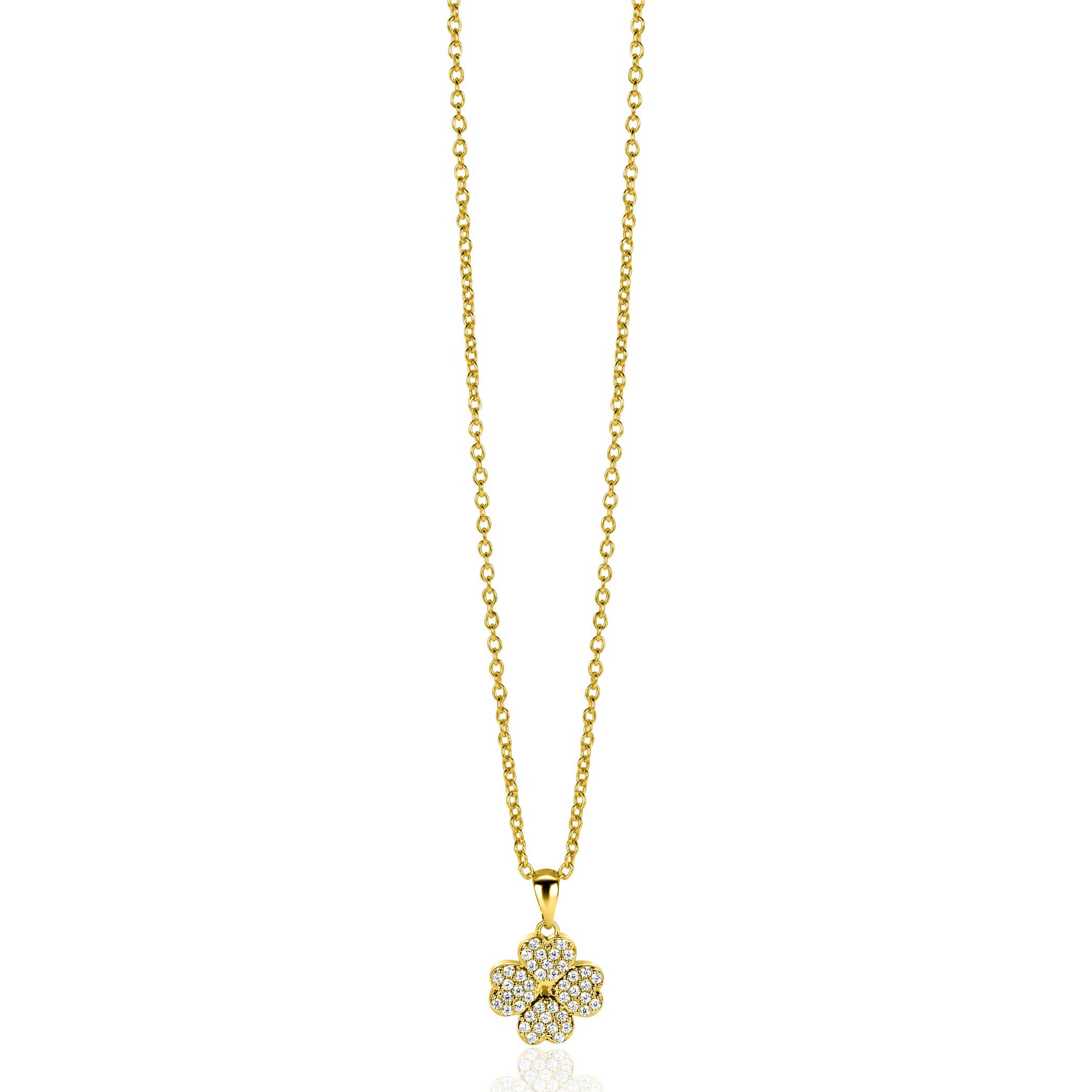 16mm ZINZI gold plated silver four-leaf clover pendant set with white zirconias ZIH2618 (without necklace)
