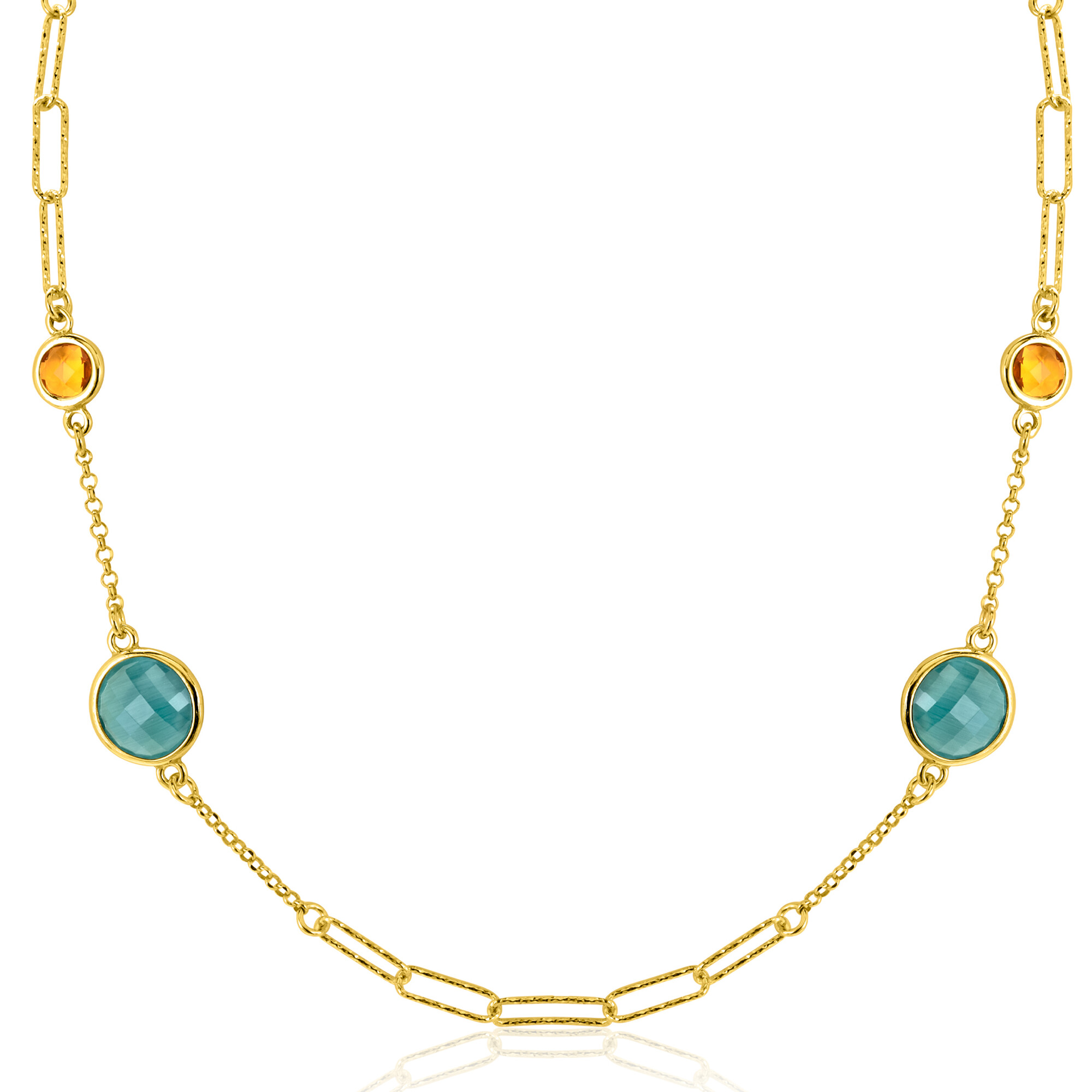 ZINZI Gold Plated Sterling Silver Fantasy Necklace with Paperclip Chains and 4 Round Settings Set with Emerald Green and Citrine Dark Yellow Color Stones 40-45cm ZIC2418G