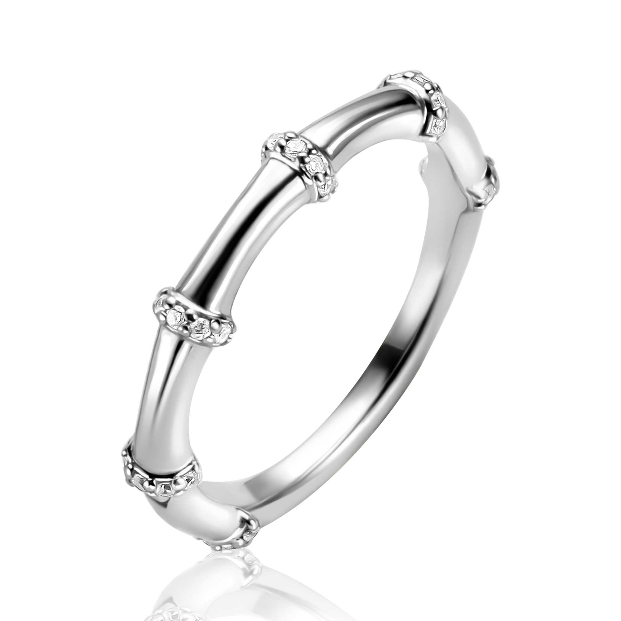 ZINZI silver stacking ring (3.5mm wide) bamboo design, set with white zirconia ZIR2687