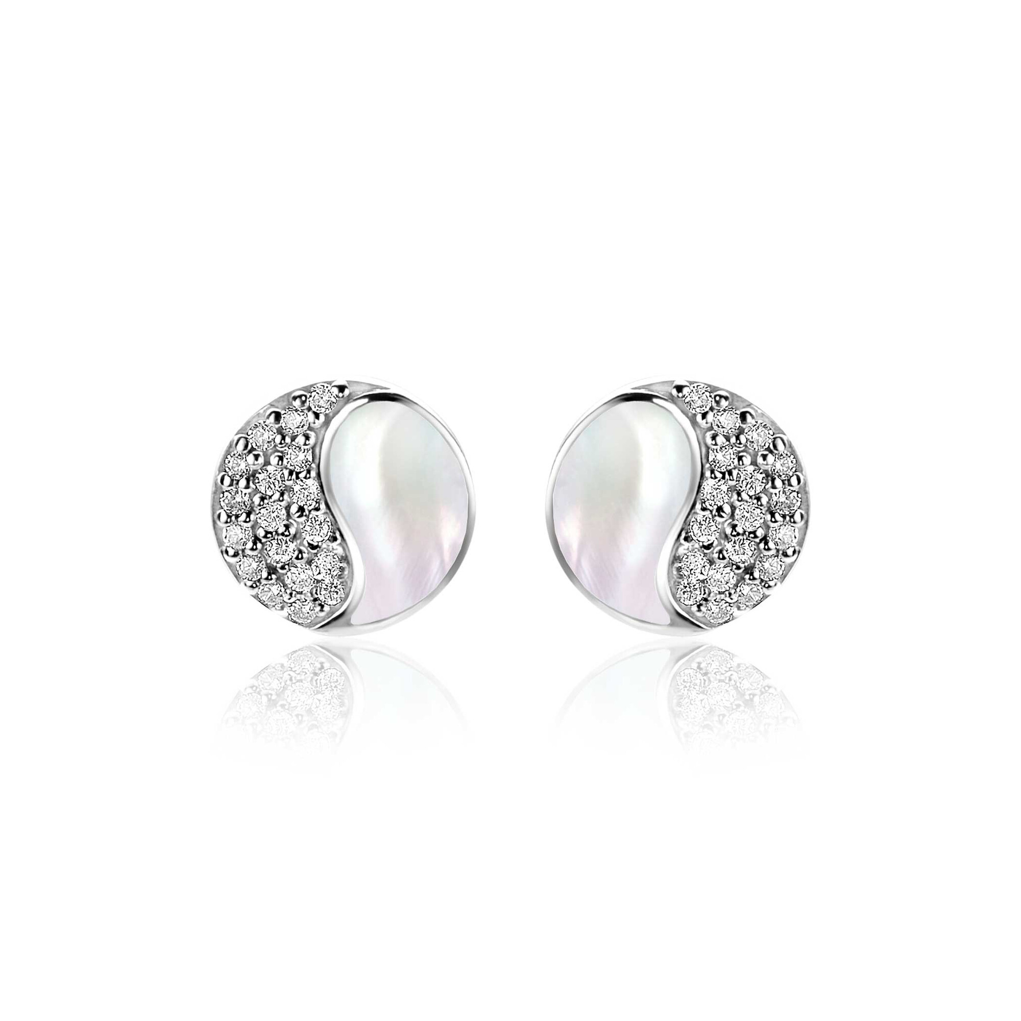 9mm ZINZI Sterling Silver Yin Yang Stud Earrings Mother-of-Pearl and White Zirconias ZIO2423