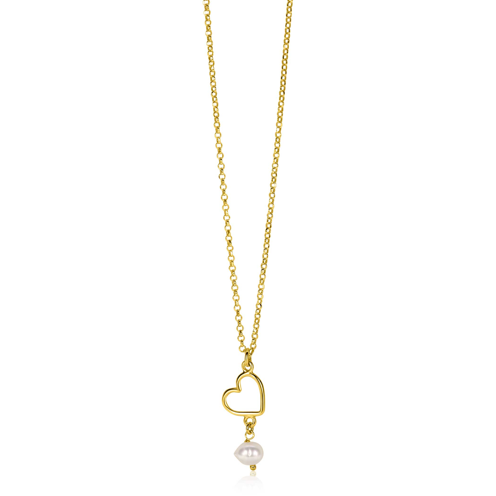 ZINZI gold plated silver necklace with open heart and dangling white freshwater pearl 40-45cm ZIC2642
