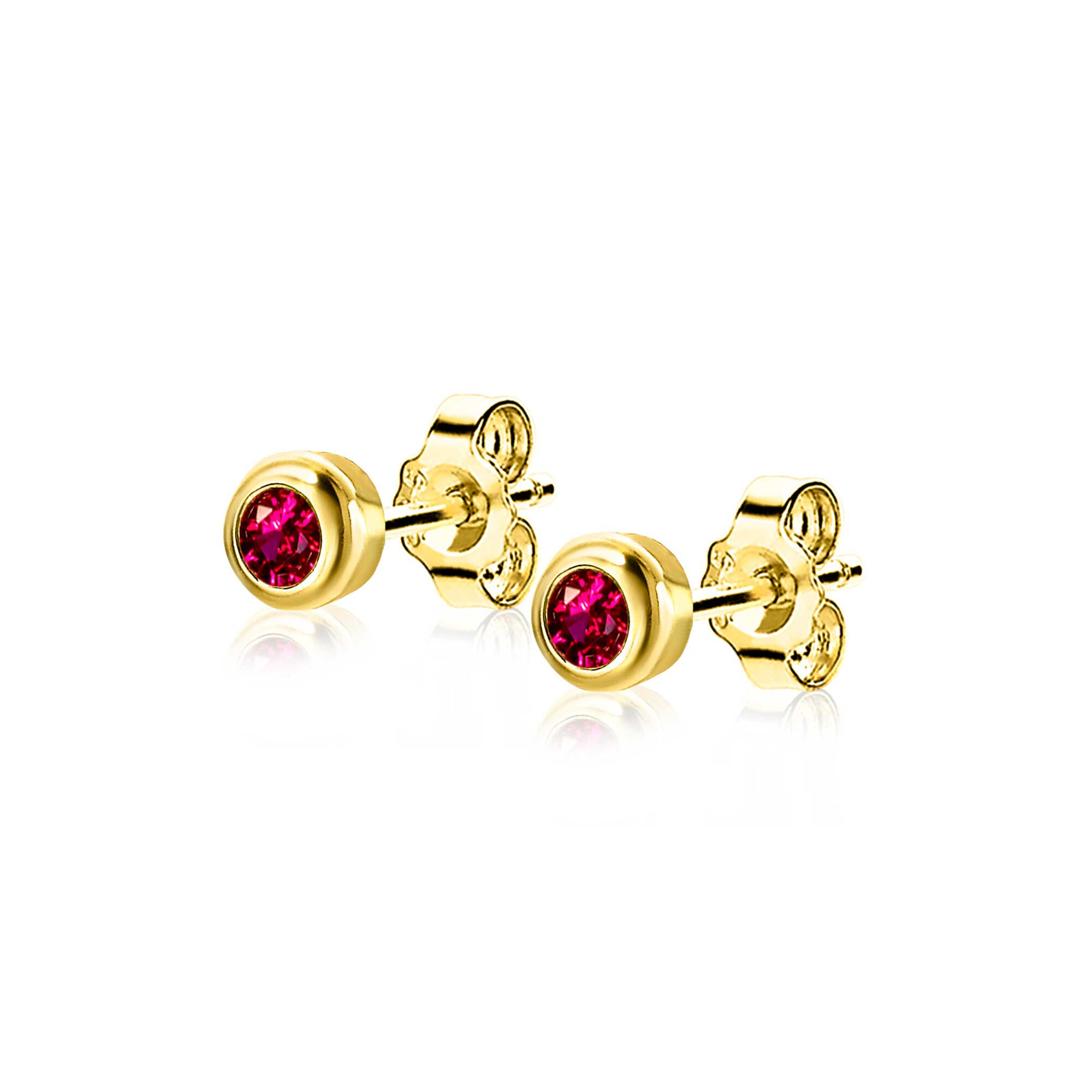 JULY Stud Earrings 4mm Gold Plated with Birthstone Red Ruby Zirconia