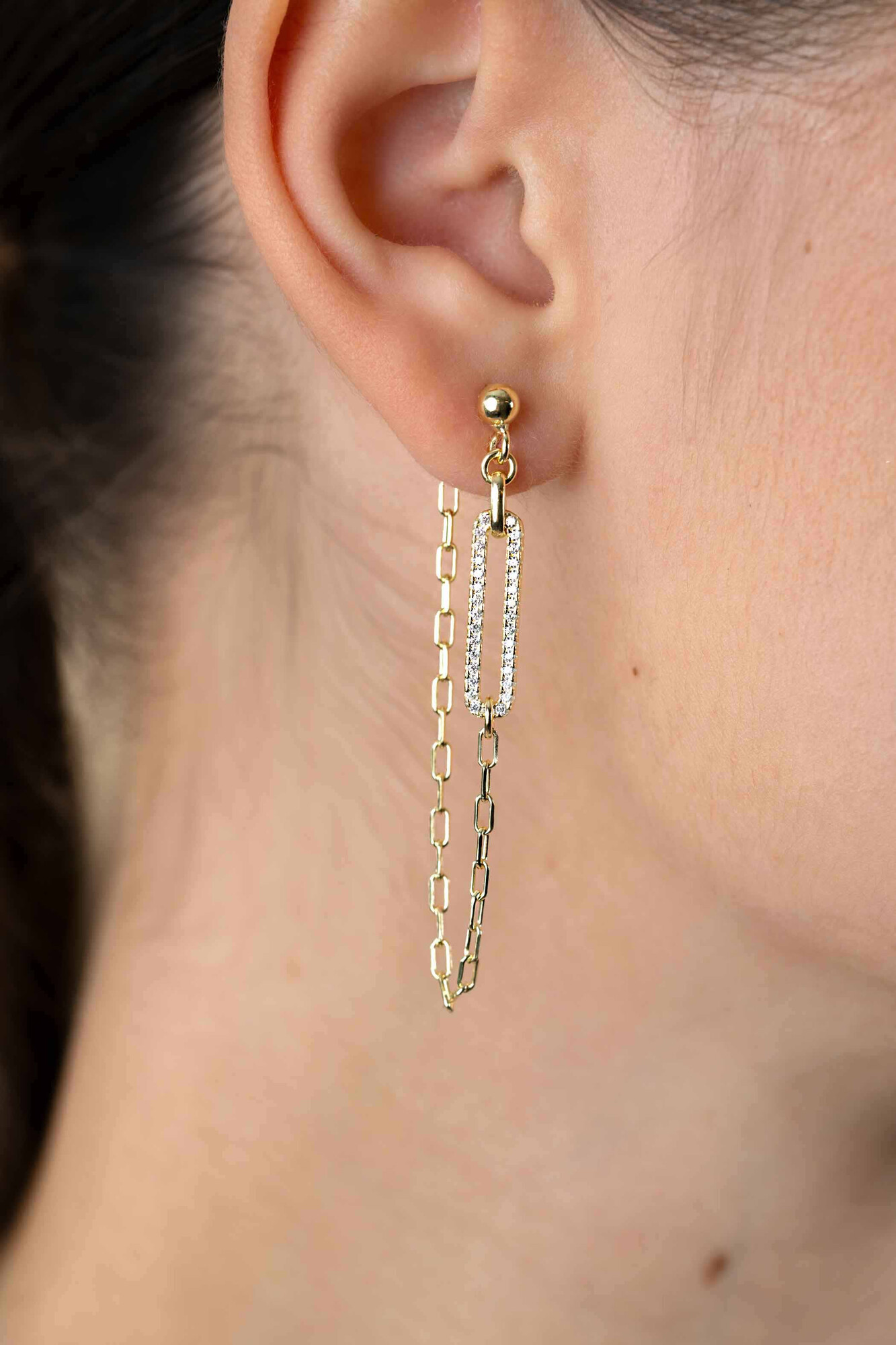 60mm ZINZI Gold Plated Sterling Silver Stud Earrings with Paperclip Chain and Open Oval White Zirconias ZIO2538