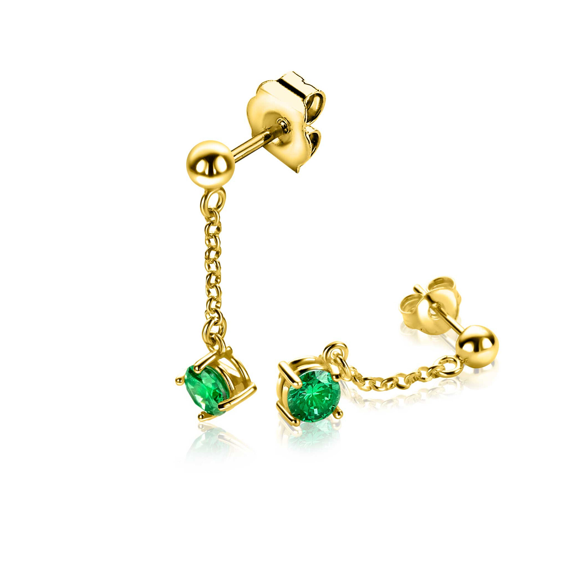 26mm ZINZI gold plated silver stud earrings with chain and a dangling round green gemstone ZIO2660G