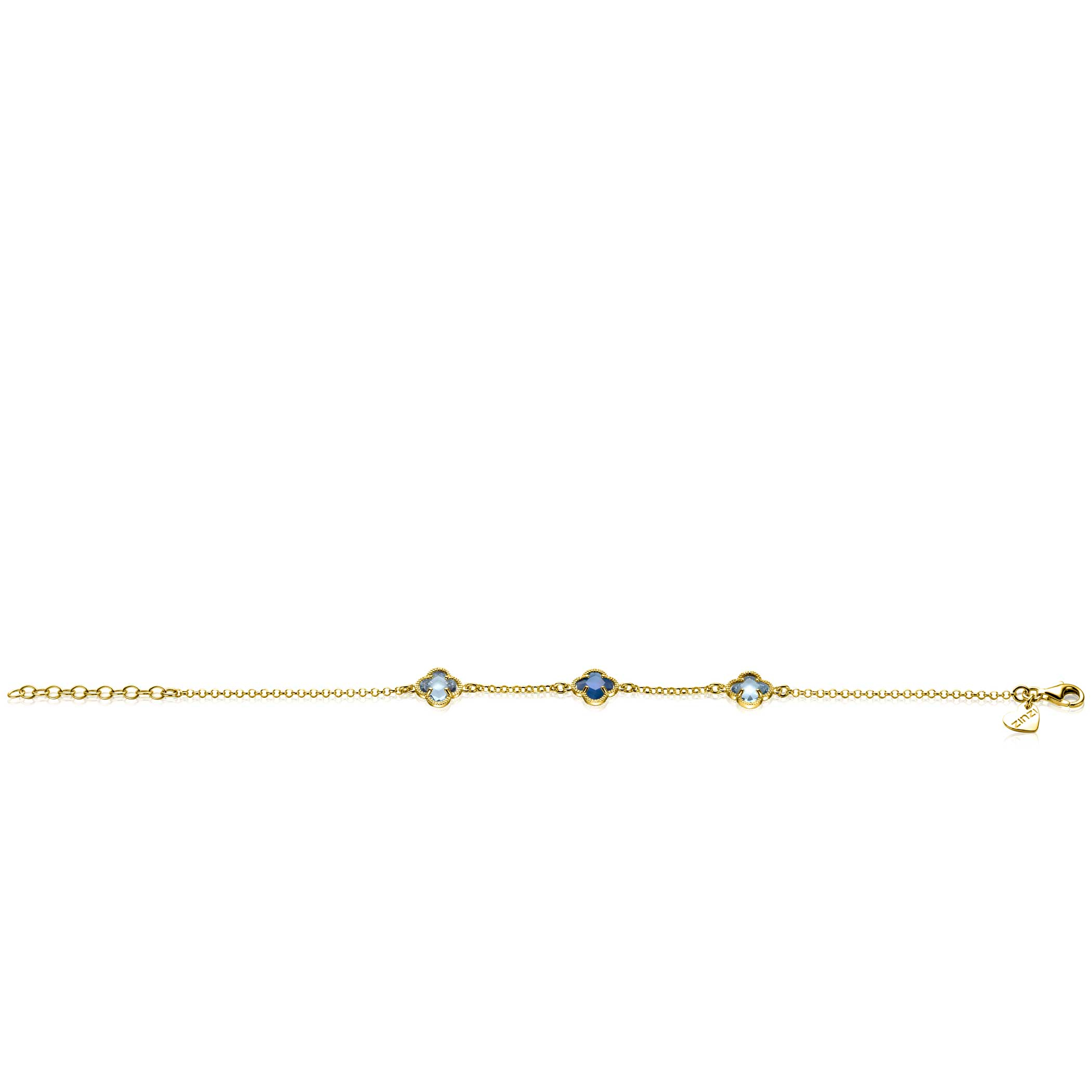 ZINZI gold plated silver link bracelet with two light blue clovers and one dark blue clover in the center 17-20cm ZIA2662B
