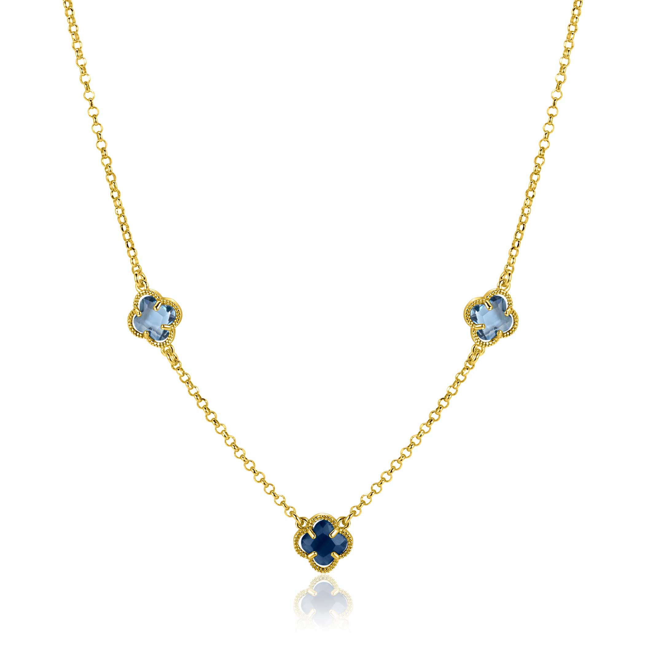 ZINZI gold plated silver link necklace with two light blue clovers and one dark blue clover 42-45cm ZIC2662B