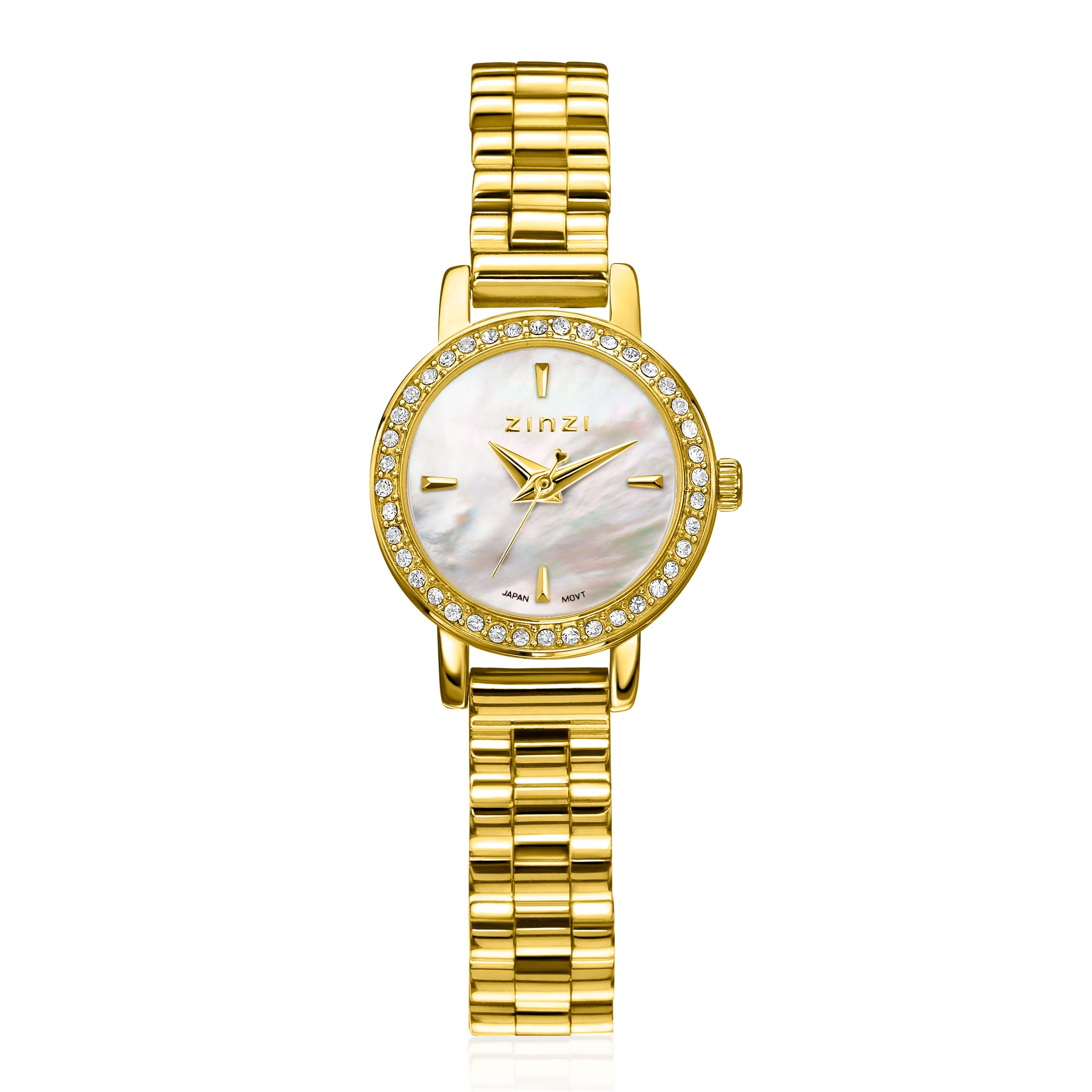 ZINZI Etoile Watch 20mm White Mother-of-Pearl Dial Gold Colored Stainless Steel Case set with white zirconia and Gold Colored Strap ZIW3234