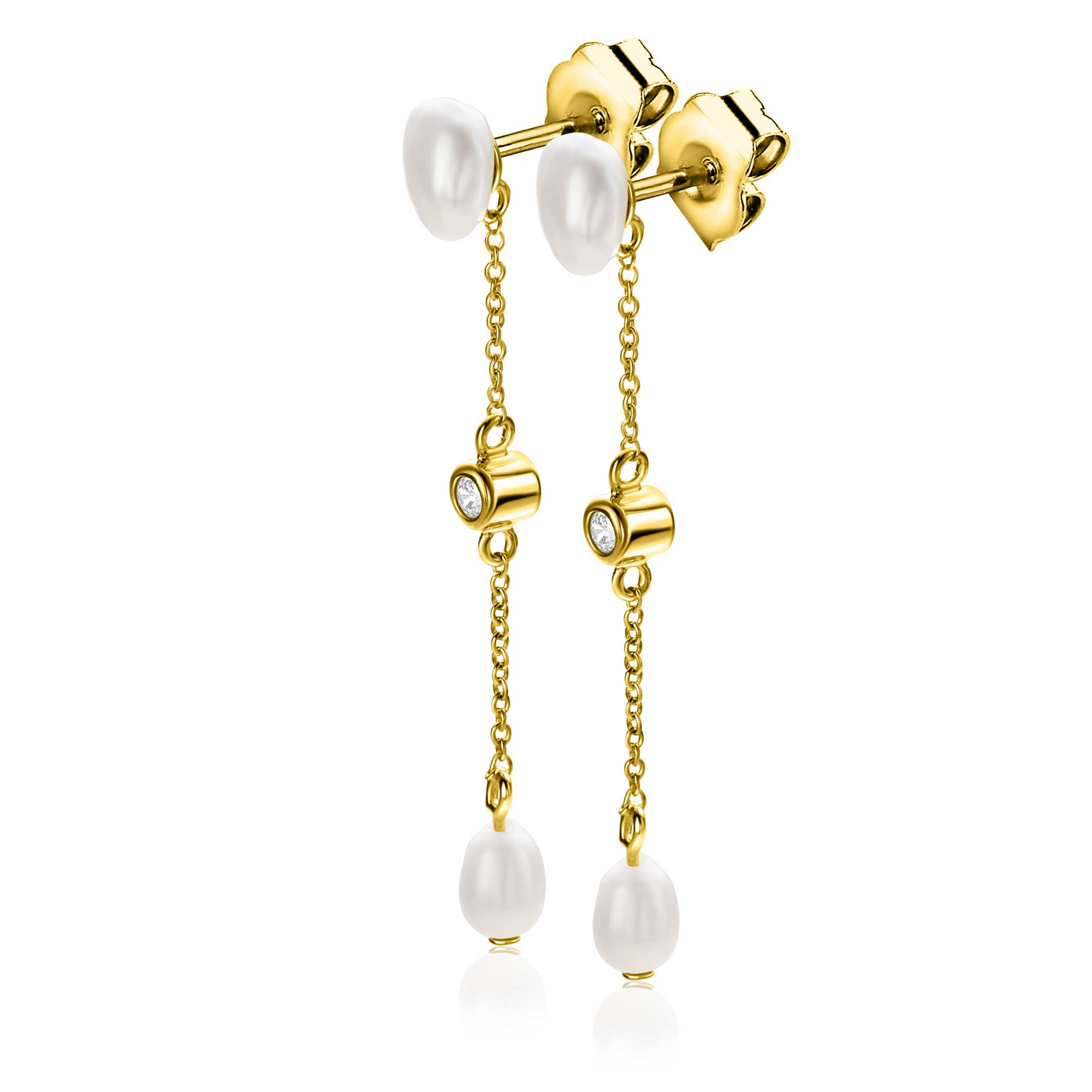 40mm ZINZI gold plated silver stud earrings with chain and oval white freshwater pearls ZIO2657