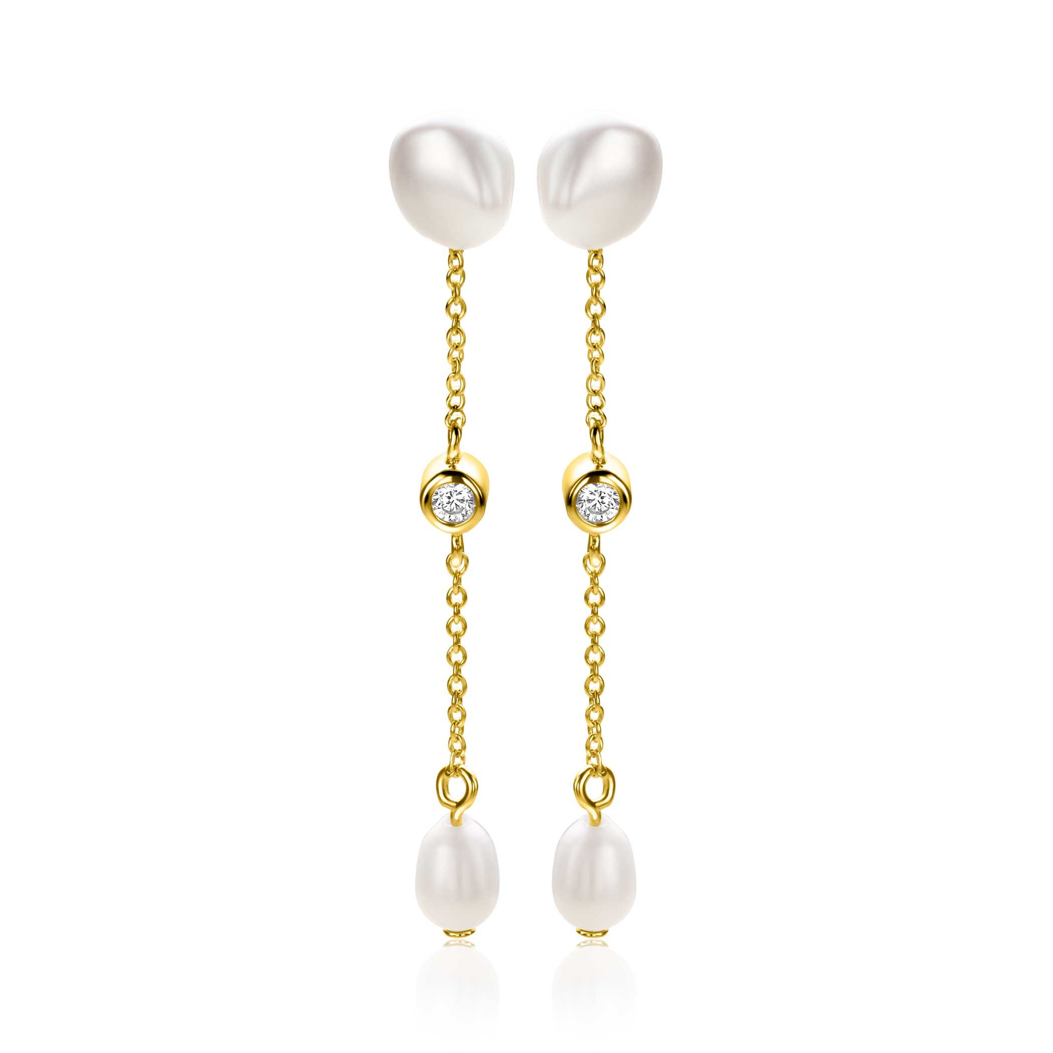 40mm ZINZI gold plated silver stud earrings with chain and oval white freshwater pearls ZIO2657
