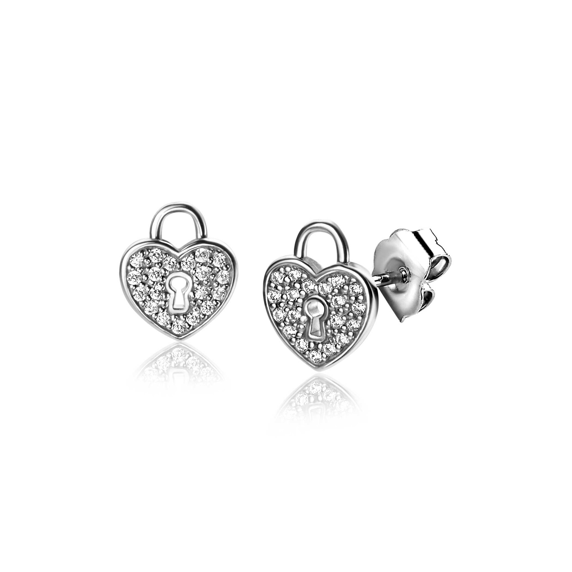 10mm ZINZI Sterling Silver Stud Earrings Heart with Keyhole and White Zirconias ZIO2400