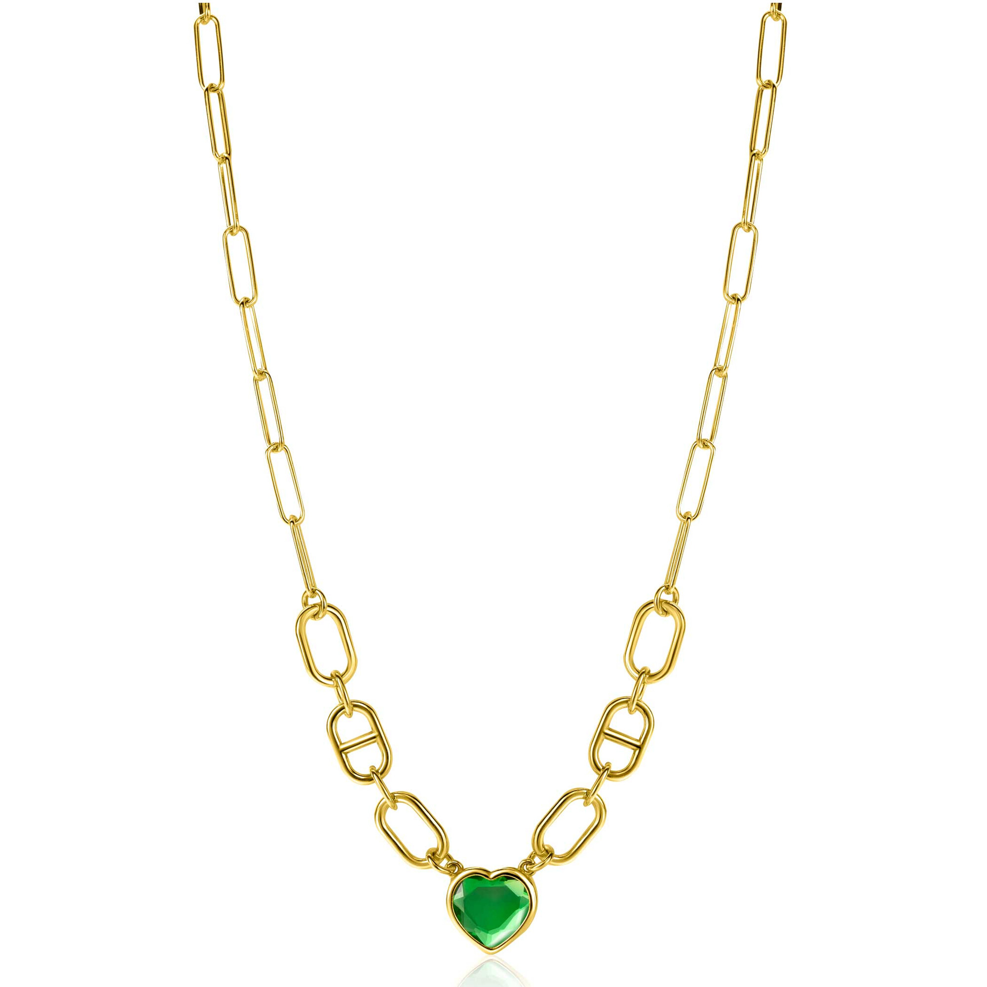 ZINZI Gold Plated Sterling Silver Necklace Trendy Oval and Marine Chain with Heart Pendant Set with Green Color Stone 39-43cm ZIC-BF68