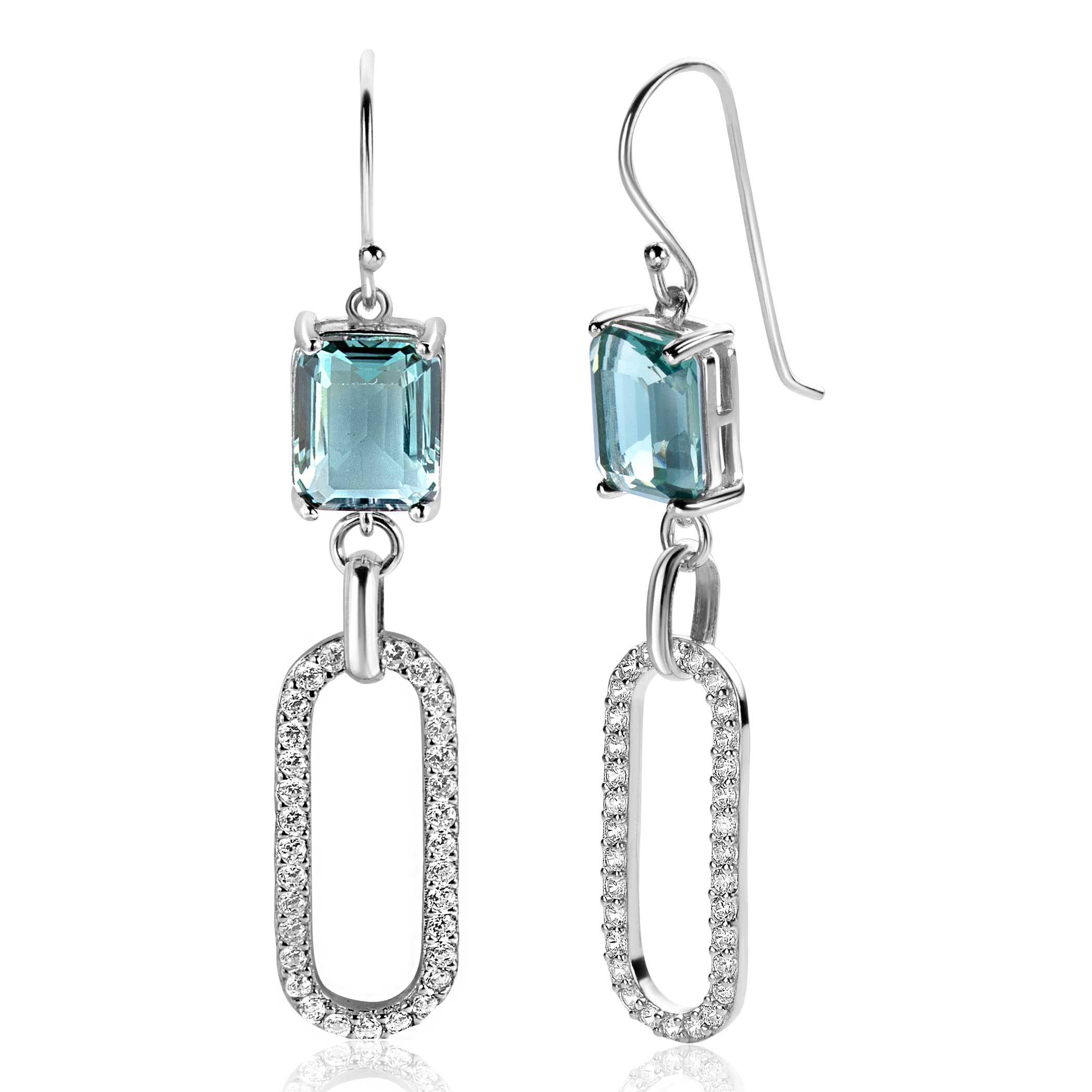 58mm ZINZI Sterling Silver Drop Earrings with Beautiful Oval link,White Zirconias and Greenish-Blue (Petrol) Color Stone in Prong Setting ZIO2487L