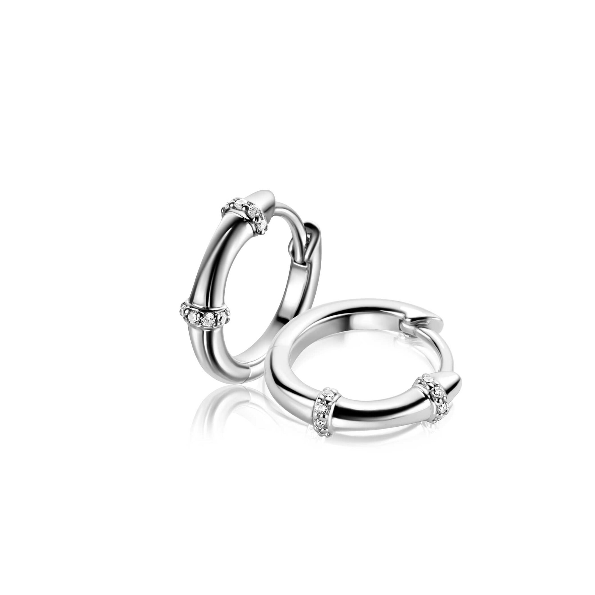 15mm ZINZI silver hoop earrings with bamboo pattern, set with white cubic zirconias and luxury clasp ZIO2687