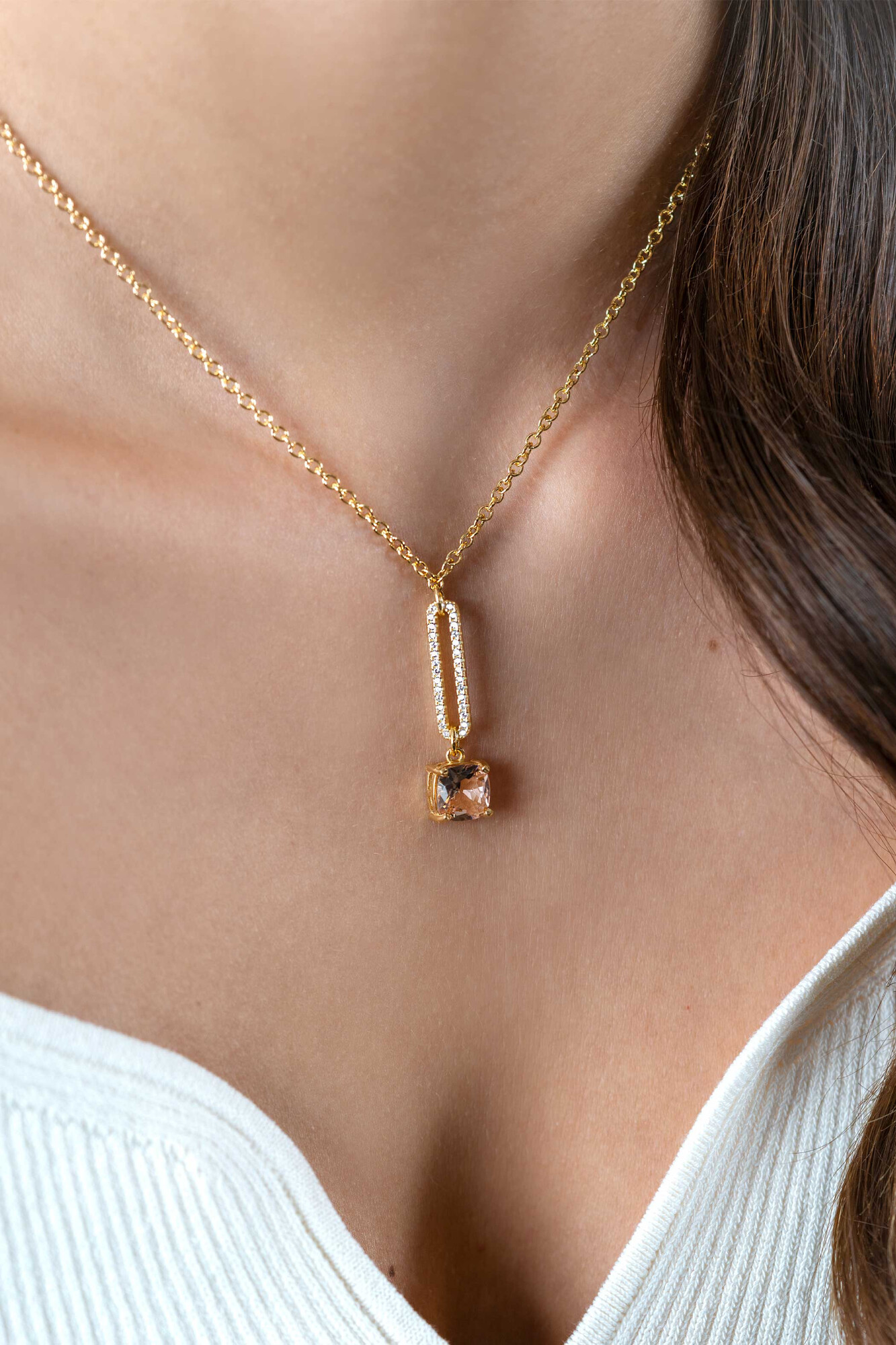 ZINZI gold plated silver belcher chain necklace with dazzling open oval shape and square pendant in light pink 42-45cm ZIC2579
