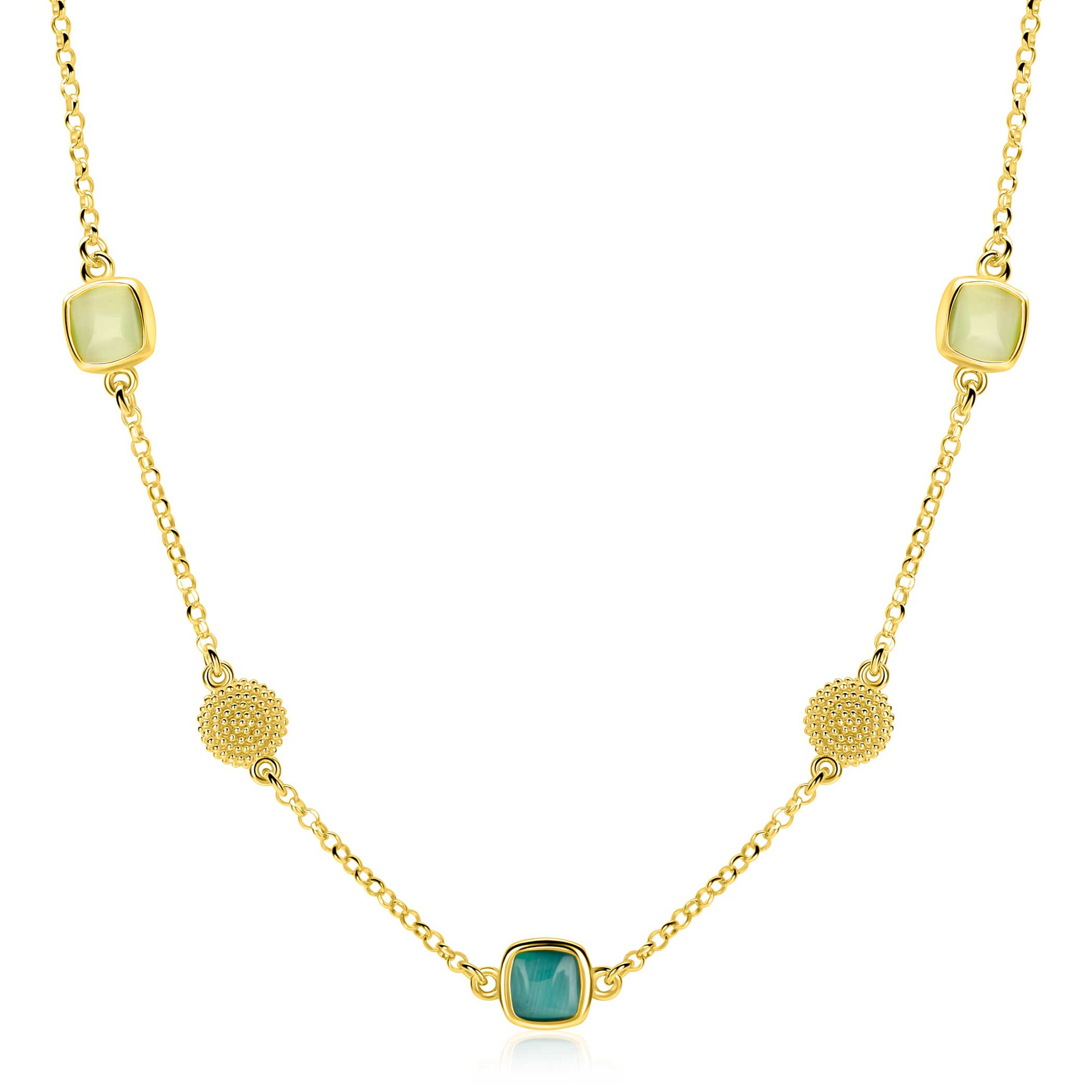 ZINZI zlv. collier gg.verg. met groen en bew.plaatjes