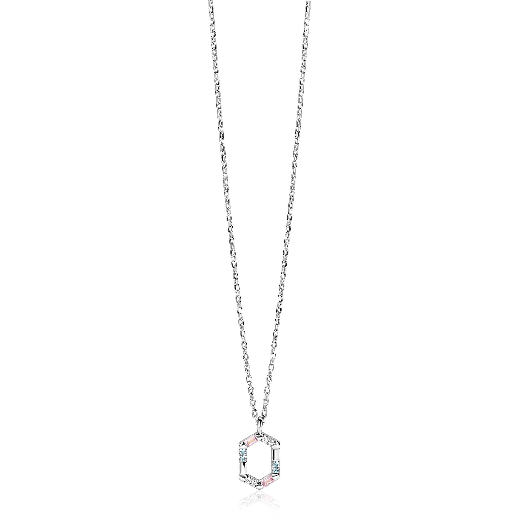 ZINZI zlv. collier met hanger 6-kant  roze/blauw/zirc.