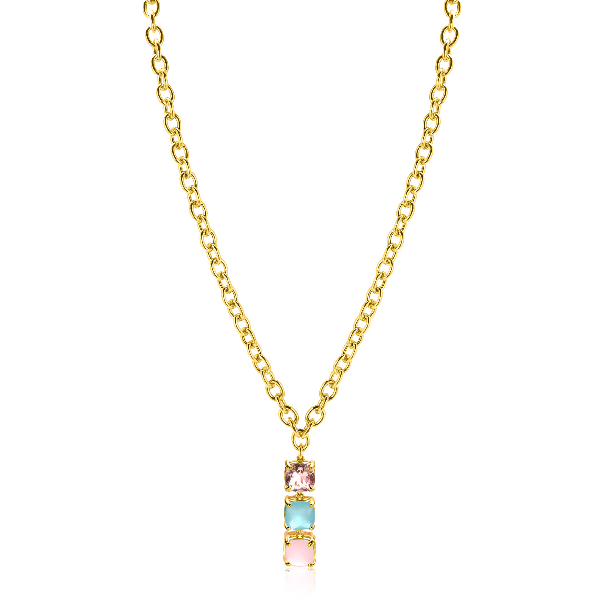 ZINZI Gold Plated Sterling Silver Chain Necklace with Luxurious Pendant (30mm) of 3 Square Settings Set with Pink and Turquoise Color Stones 43-45cm ZIC2454
