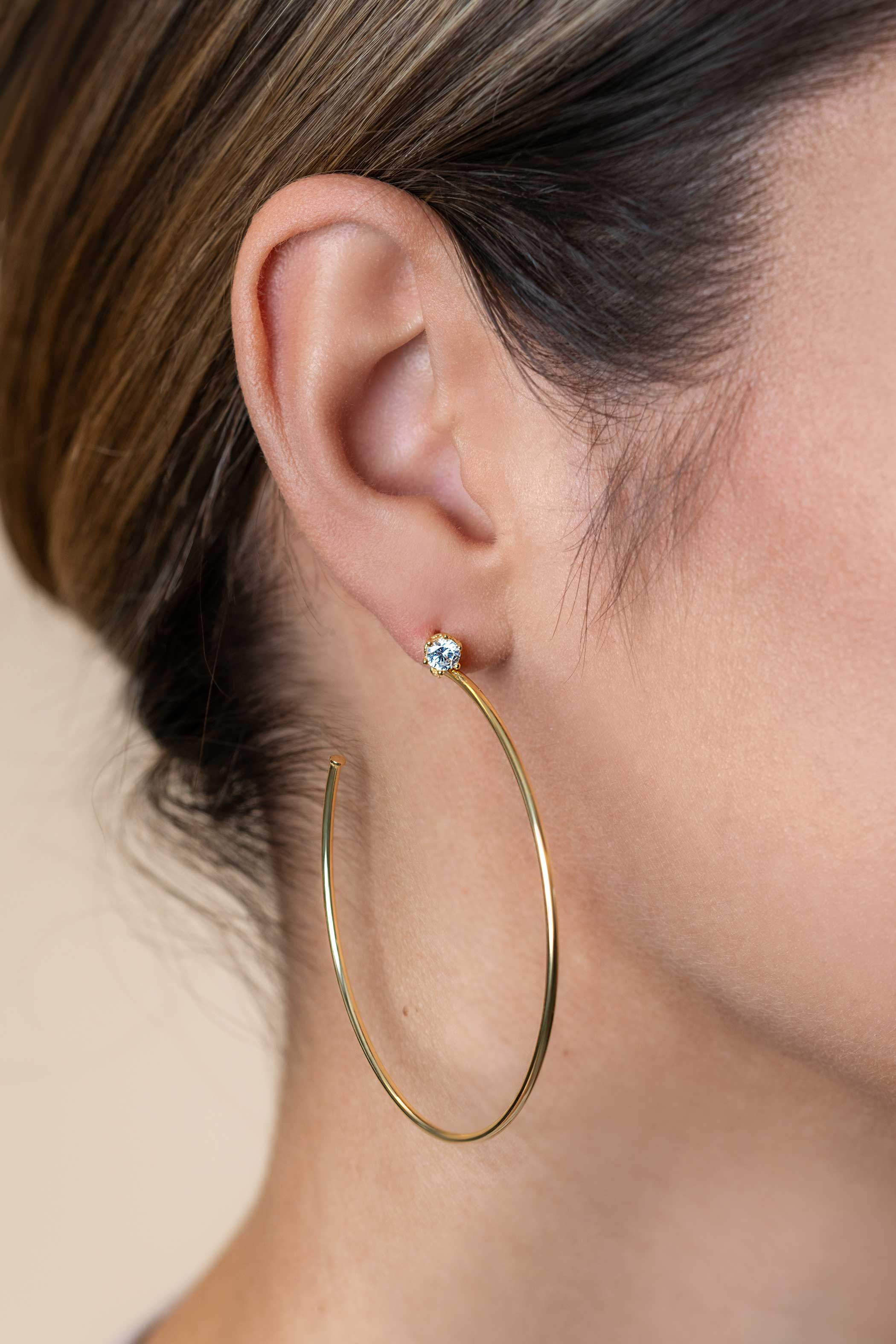 55mm ZINZI gold plated silver stud earrings with 5mm white zirconia and half hoop design, 55mm in size with 1.5mm tube thickness ZIO2574Y
