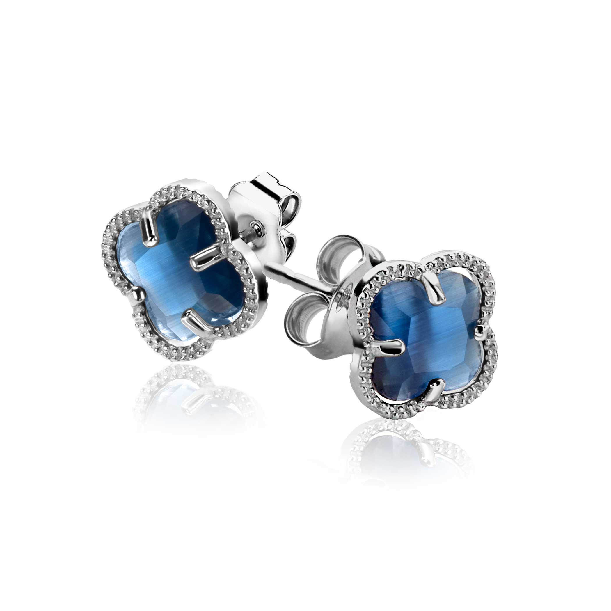 9mm ZINZI silver stud earrings in clover shape with dark blue cubic zirconia ZIO2663DB