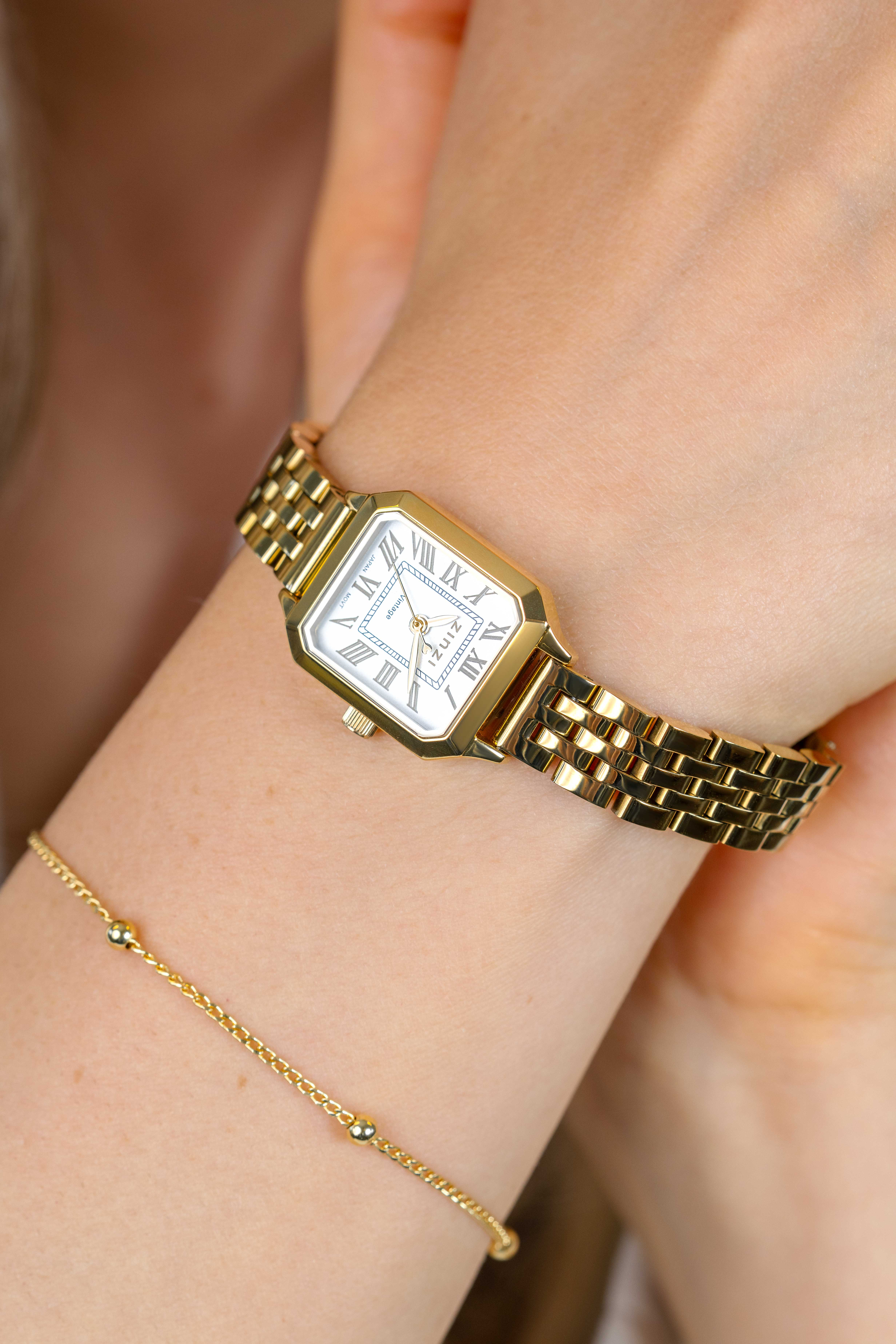 ZINZI Vintage Watch 24mm silver Dial Gold Colored Case and Stainless Steel Band Japanese movement ZIW2633