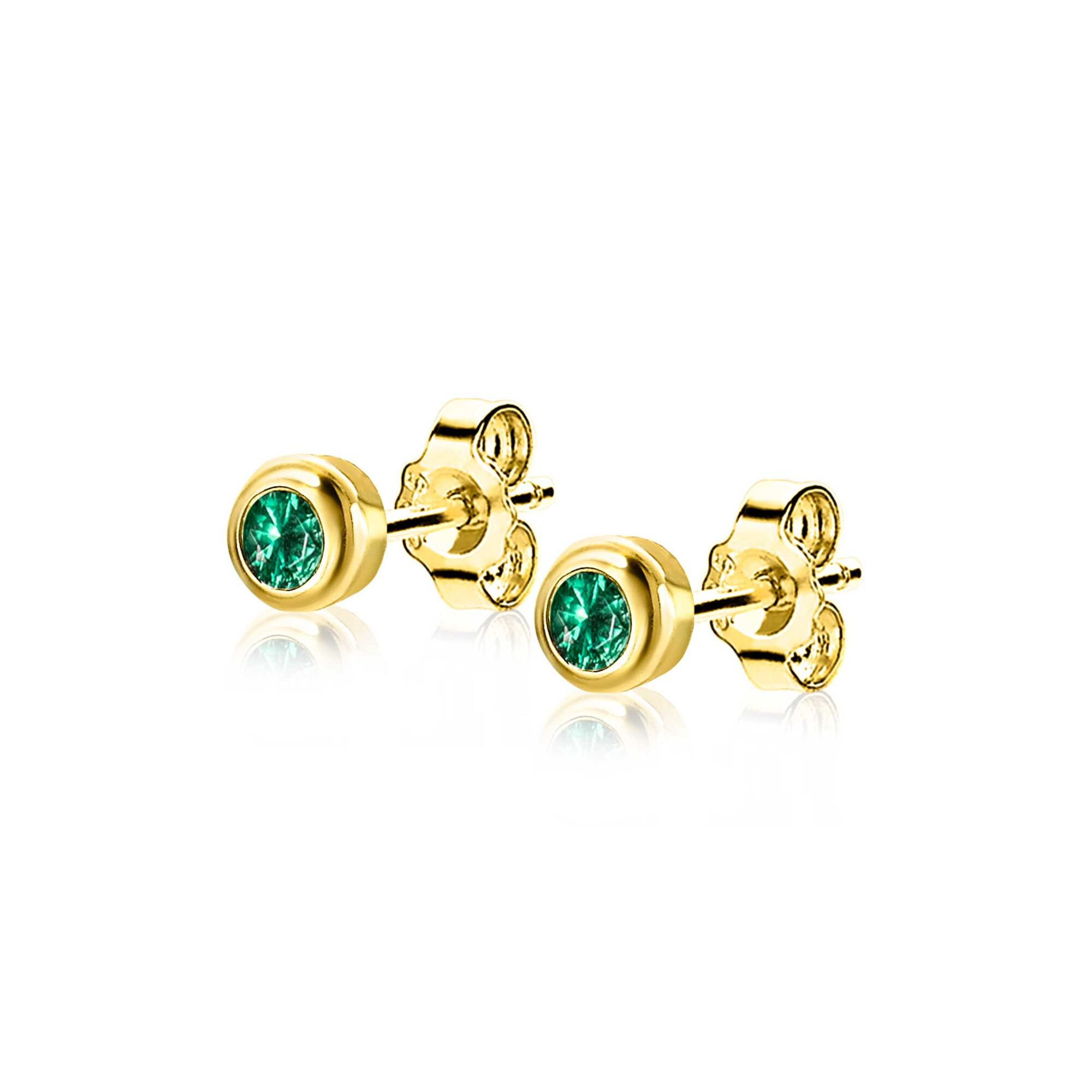 MAY Stud Earrings 4mm Gold Plated with Birthstone Green Emerald Zirconia