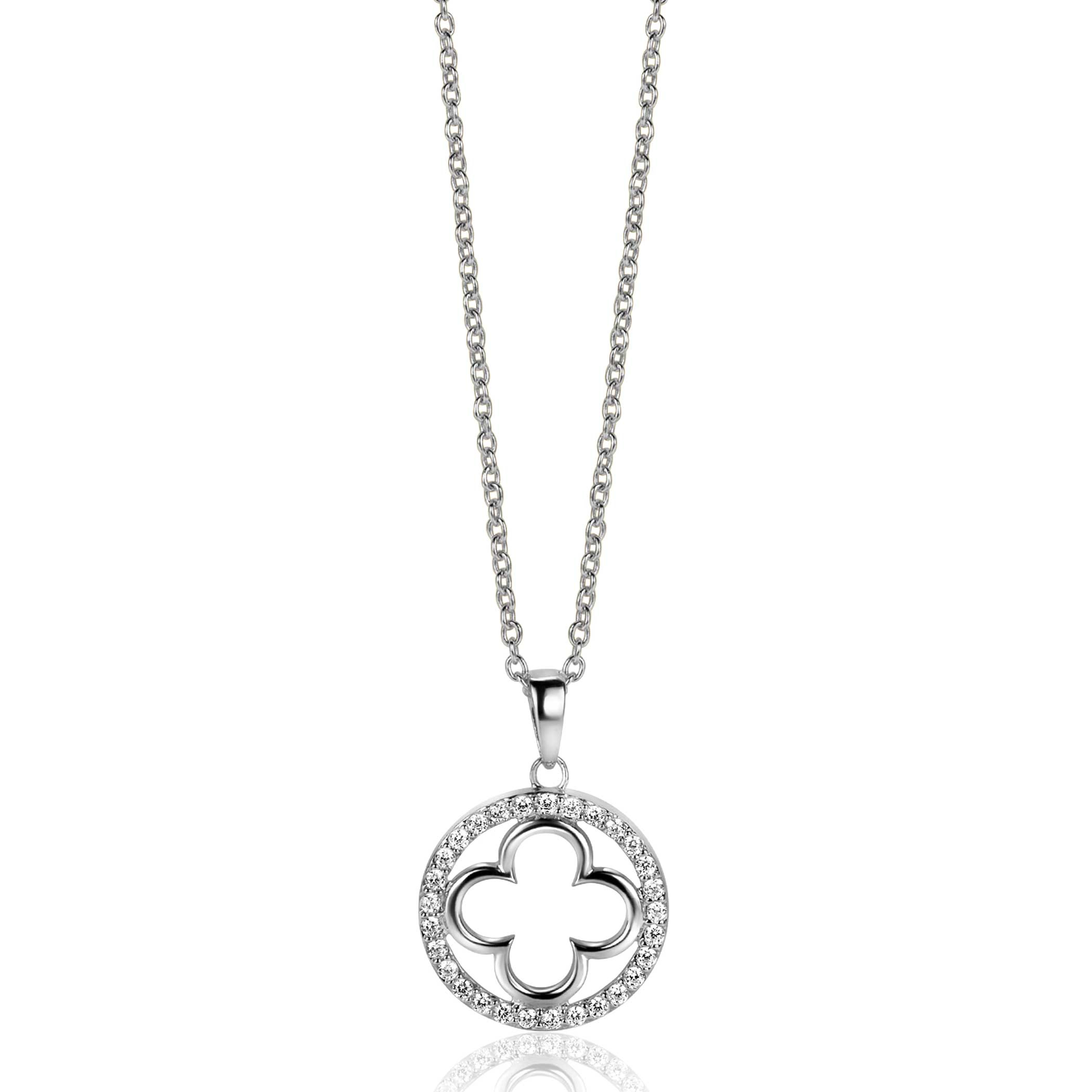 ZINZI silver necklace with luxury clover pendant (15mm) fully set with white zirconia 45-48cm ZIC2617