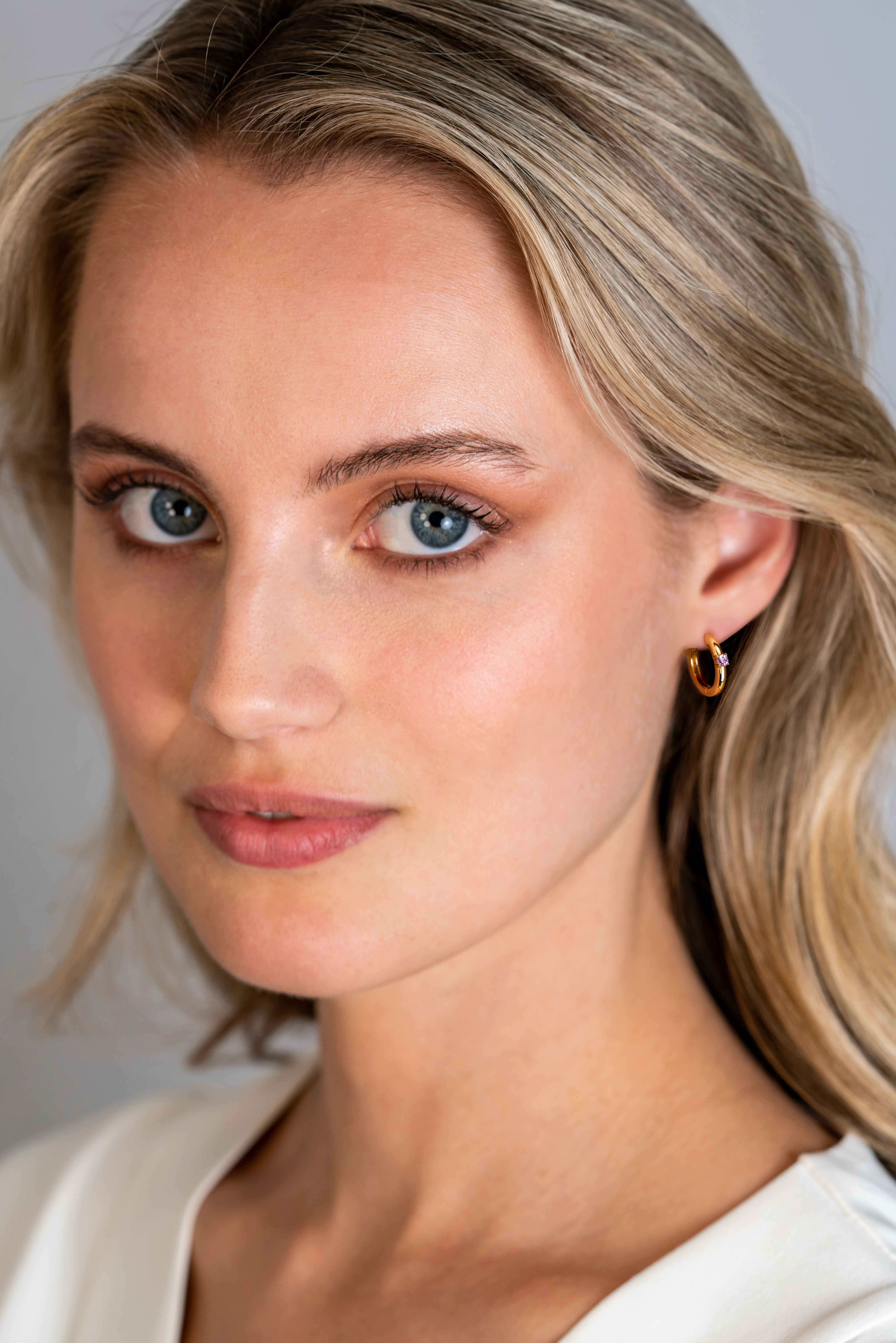 OCTOBER Hoop Earrings 13mm Gold Plated with Birthstone Pink Rose Quartz Zirconia