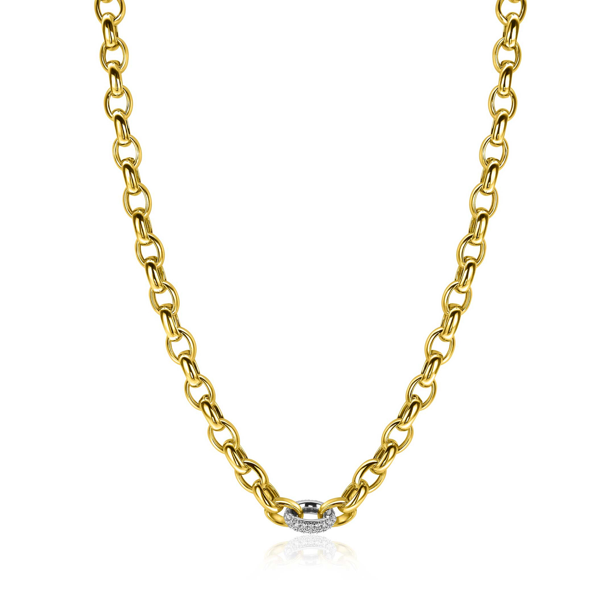 ZINZI gold plated silver link necklace with a round link set with white cubic zirconias, 6mm wide 45cm ZIC2664
