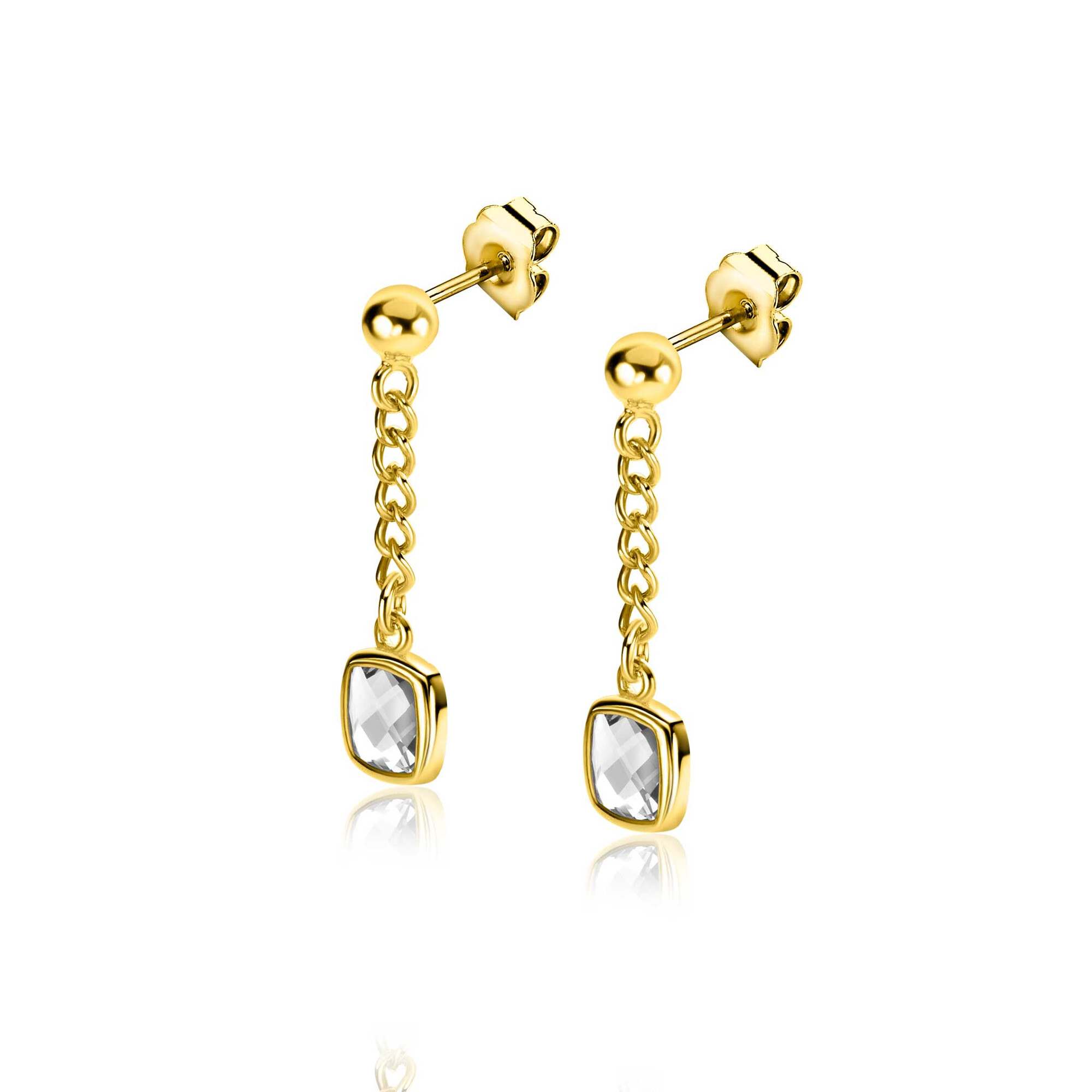 25mm ZINZI gold plated silver stud earrings with gourmet chain and square setting white zirconia ZIO2417Y
