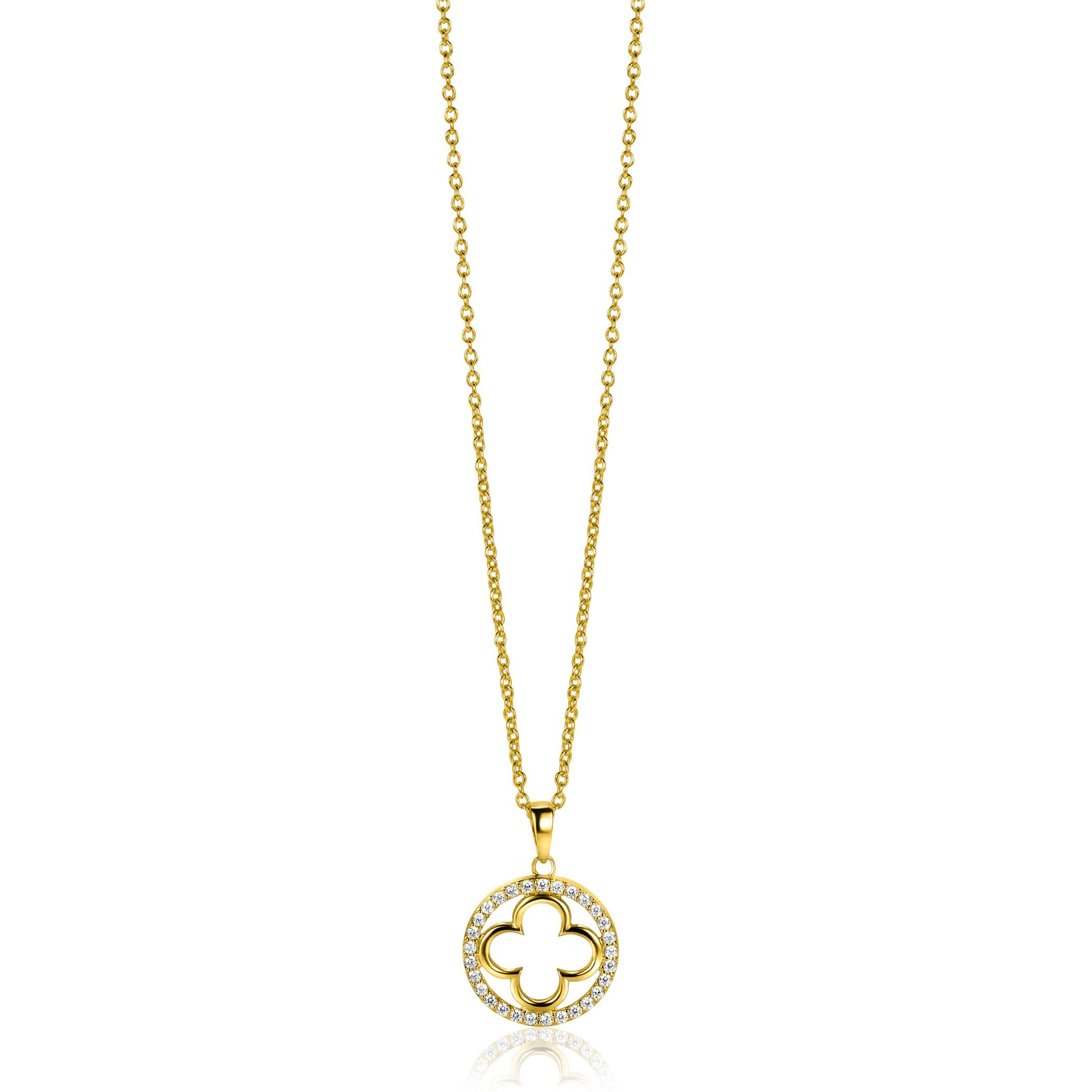 ZINZI gold plated silver necklace with luxury clover pendant (15mm) fully set with white zirconia 45-48cm ZIC2617Y
