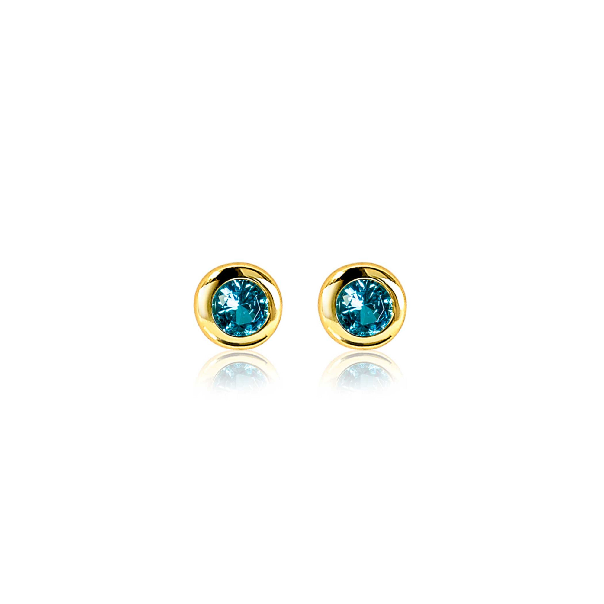 MARCH Stud Earrings 4mm Gold Plated with Birthstone Blue Aquamarine Zirconia