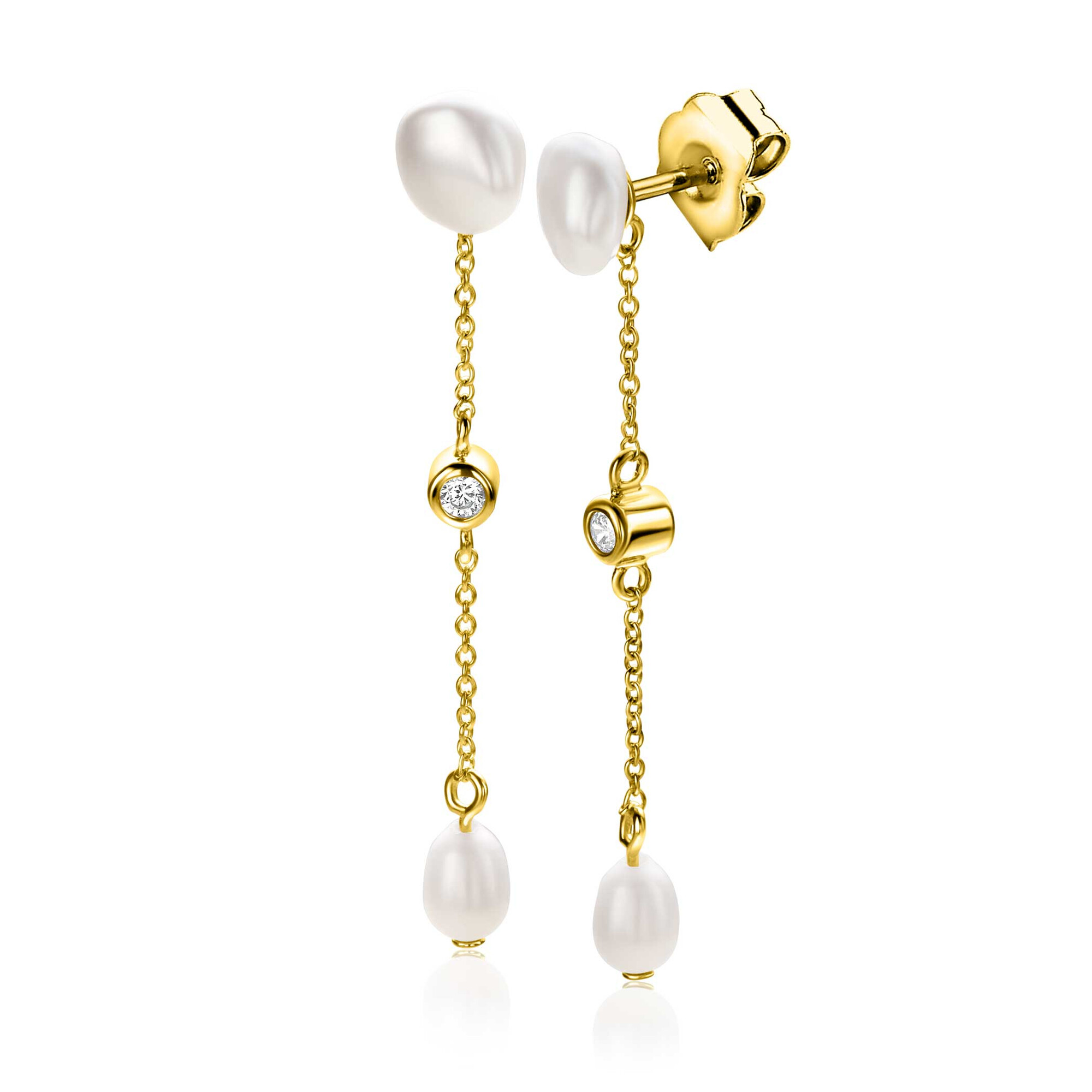 40mm ZINZI gold plated silver stud earrings with chain and oval white freshwater pearls ZIO2657