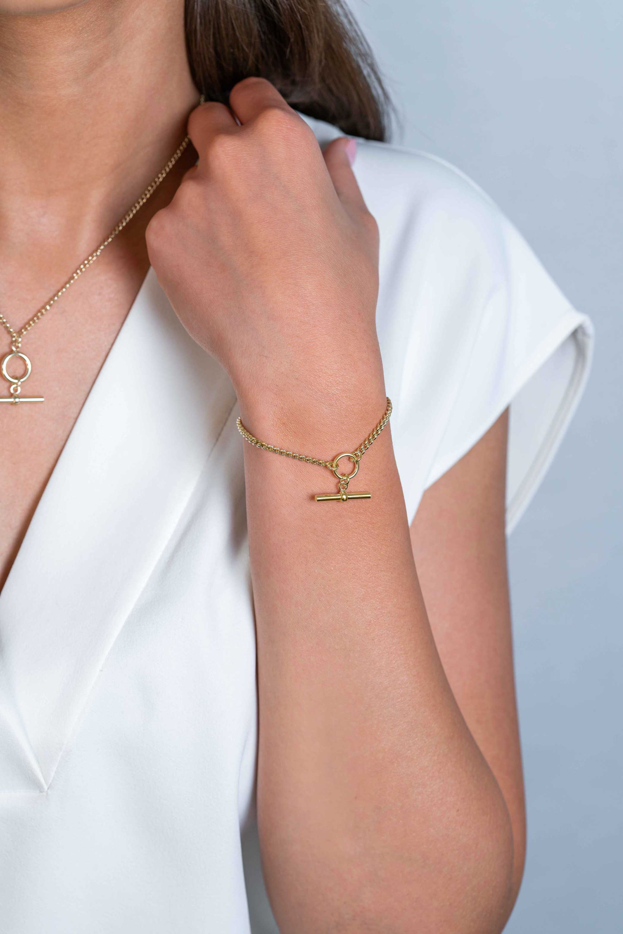 ZINZI Gold Plated Sterling Silver Curb Chain Bracelet with Trendy Toggle Clasp Charm 16.5-19.5 cm ZIA2359