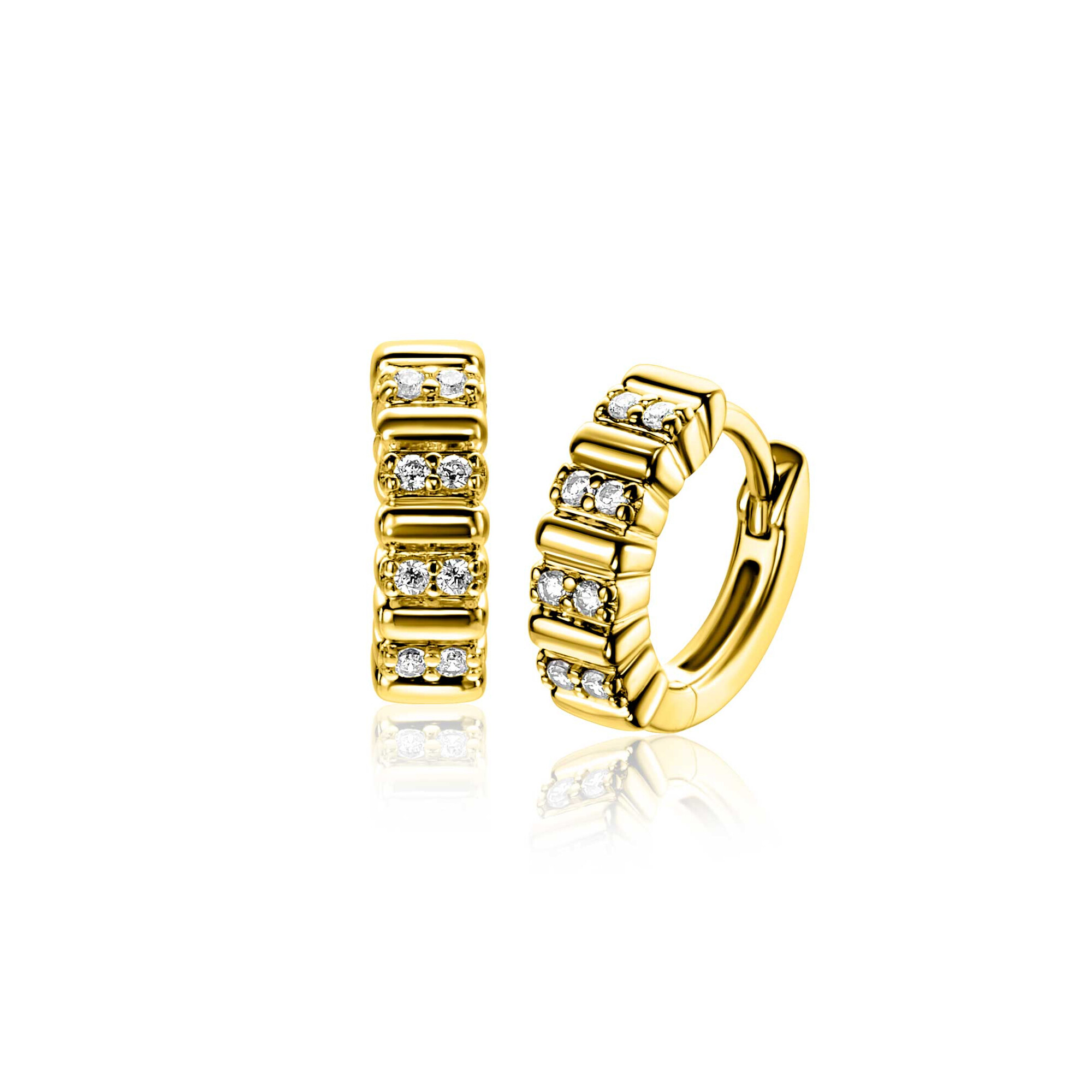 13mm ZINZI gold plated silver hoop earrings set with white cubic zirconias and luxury clasp ZIO2686Y